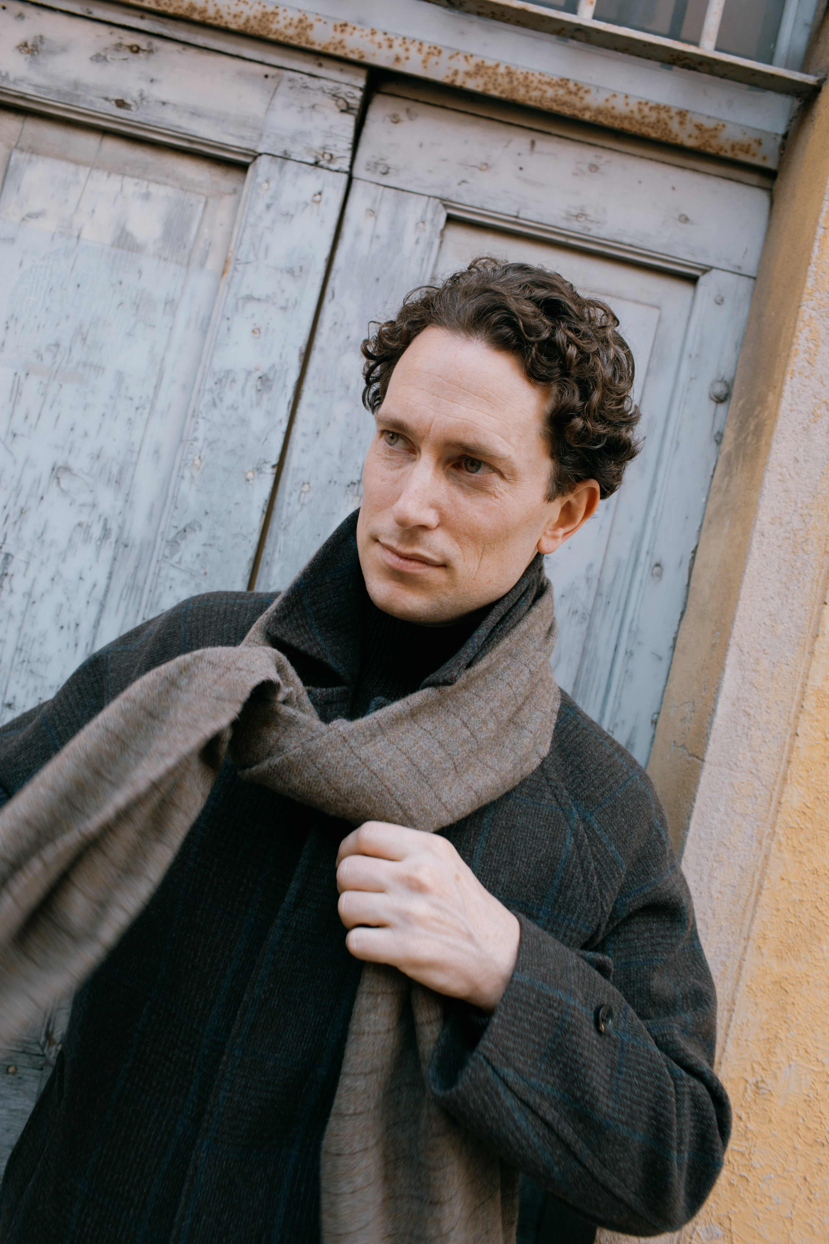 Raglan Sleeve Overcoat Wool Brown Glen Plaid Blue Overcheck