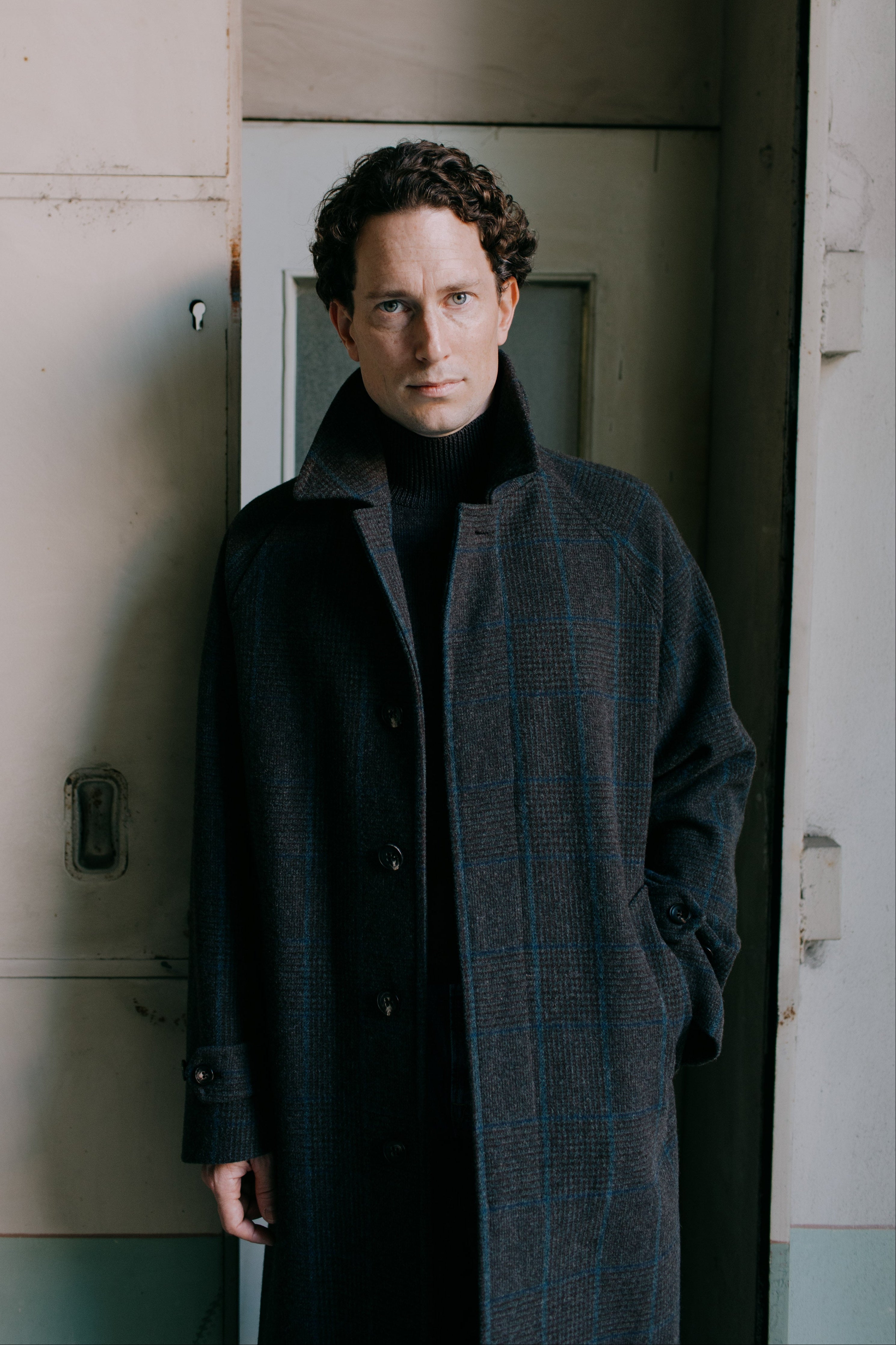 Raglan Sleeve Overcoat Wool Brown Glen Plaid Blue Overcheck
