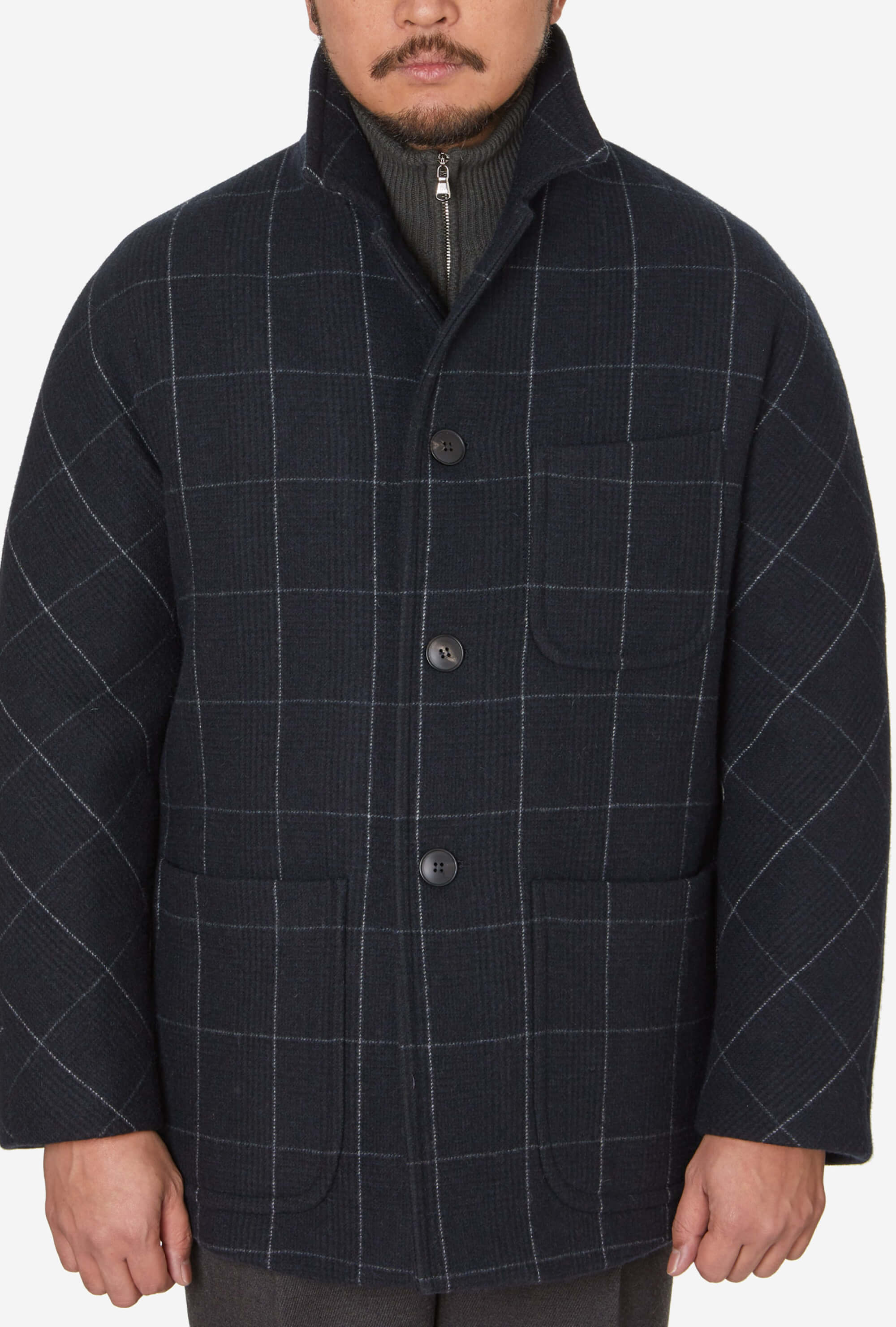 Three Bucket Pocket Jacket Navy Grey Overcheck
