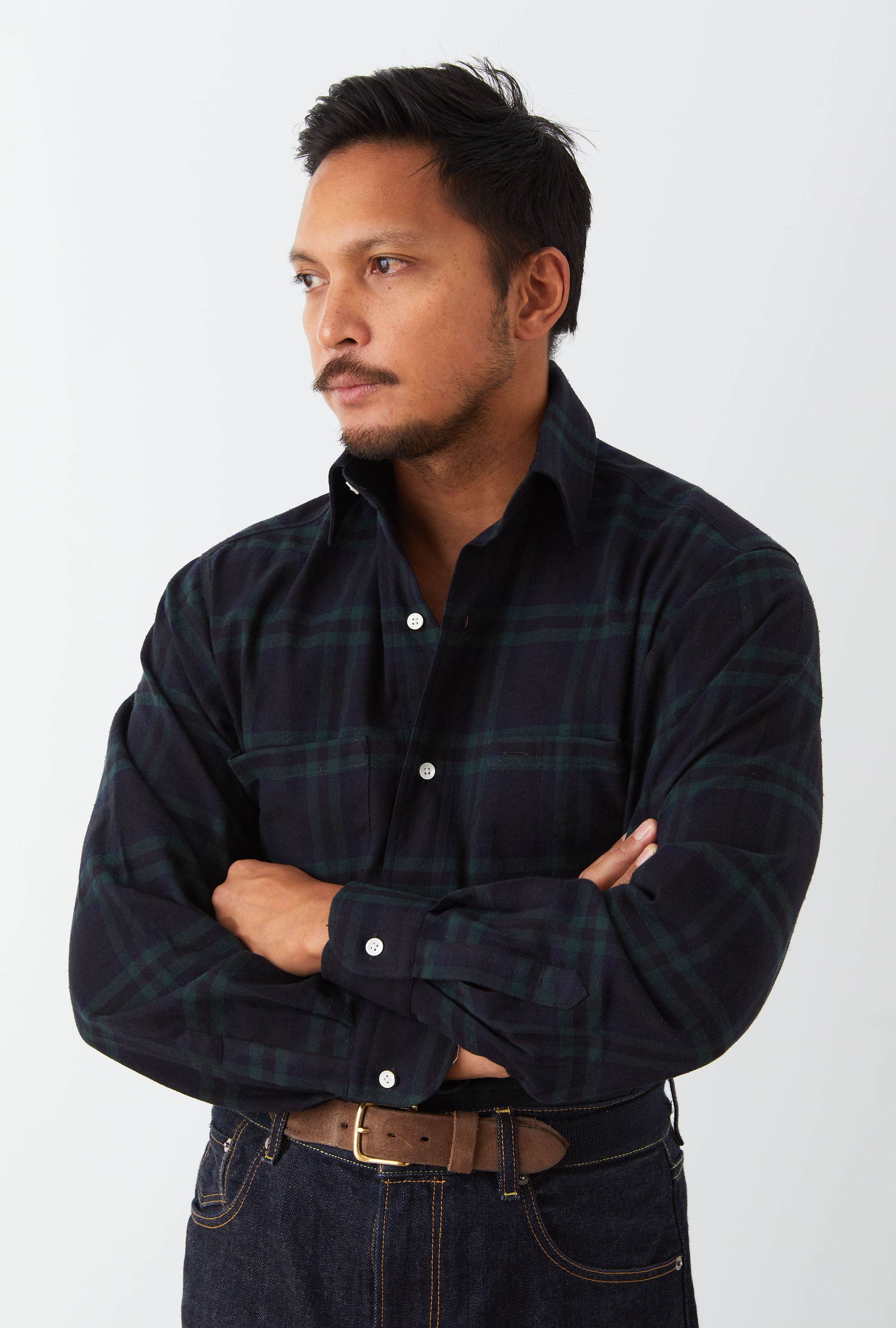 Mechanics Shirt Cotton Silk Navy Emerald Check