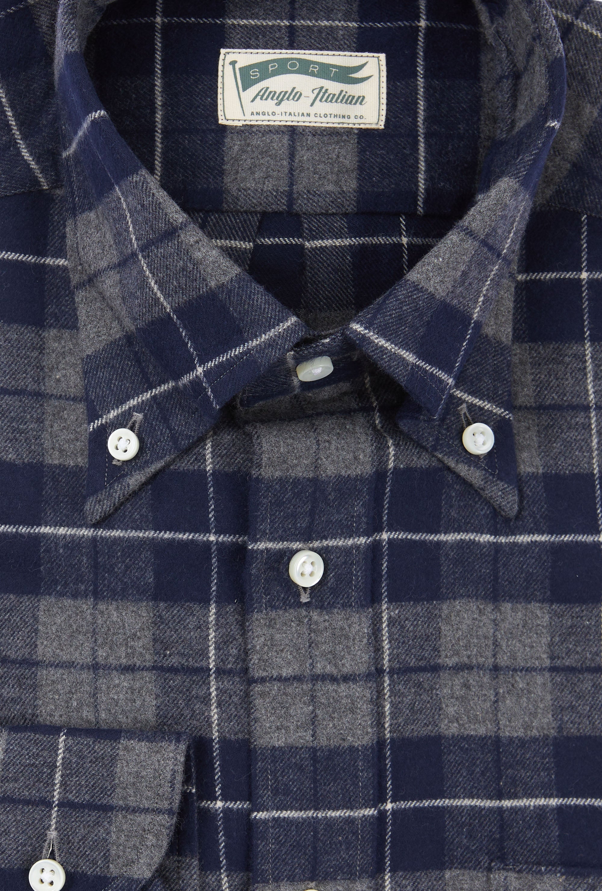 Button Down Sport Shirt Brushed Cotton Grey Navy Ecru Check