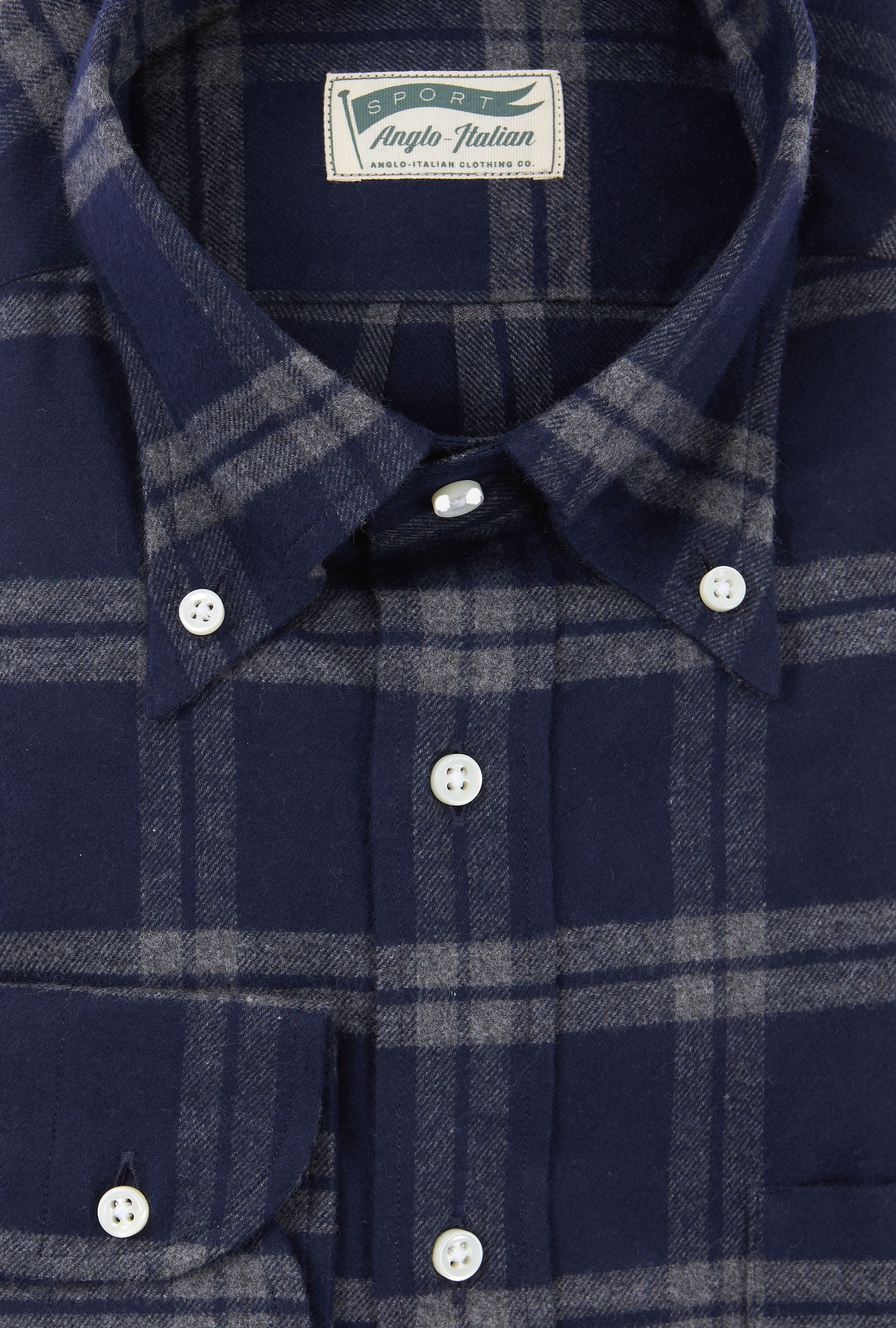 Button Down Sport Shirt Brushed Cotton Navy Grey Check
