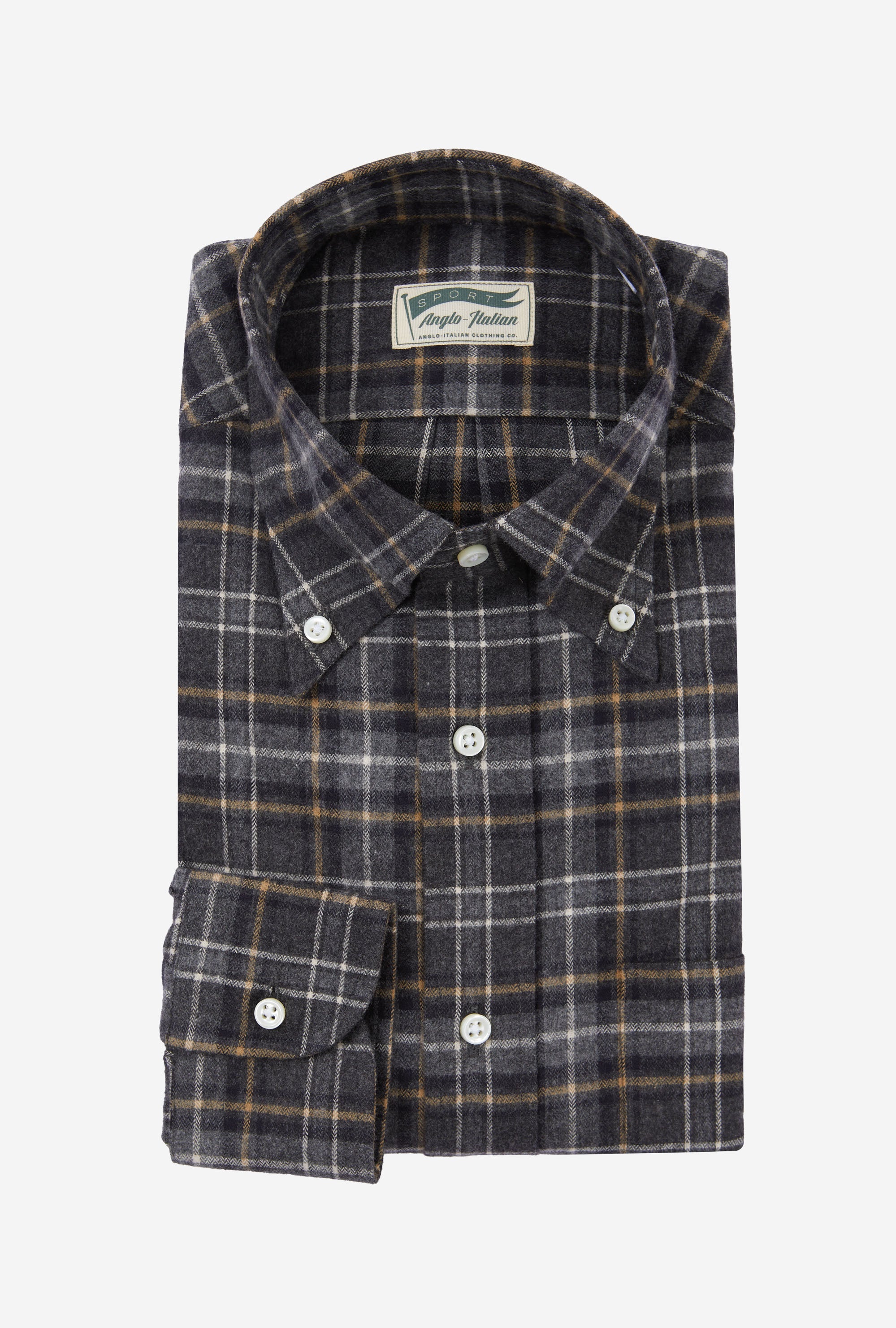 Button Down Sport Shirt Brushed Cotton Charcoal Yellow Check