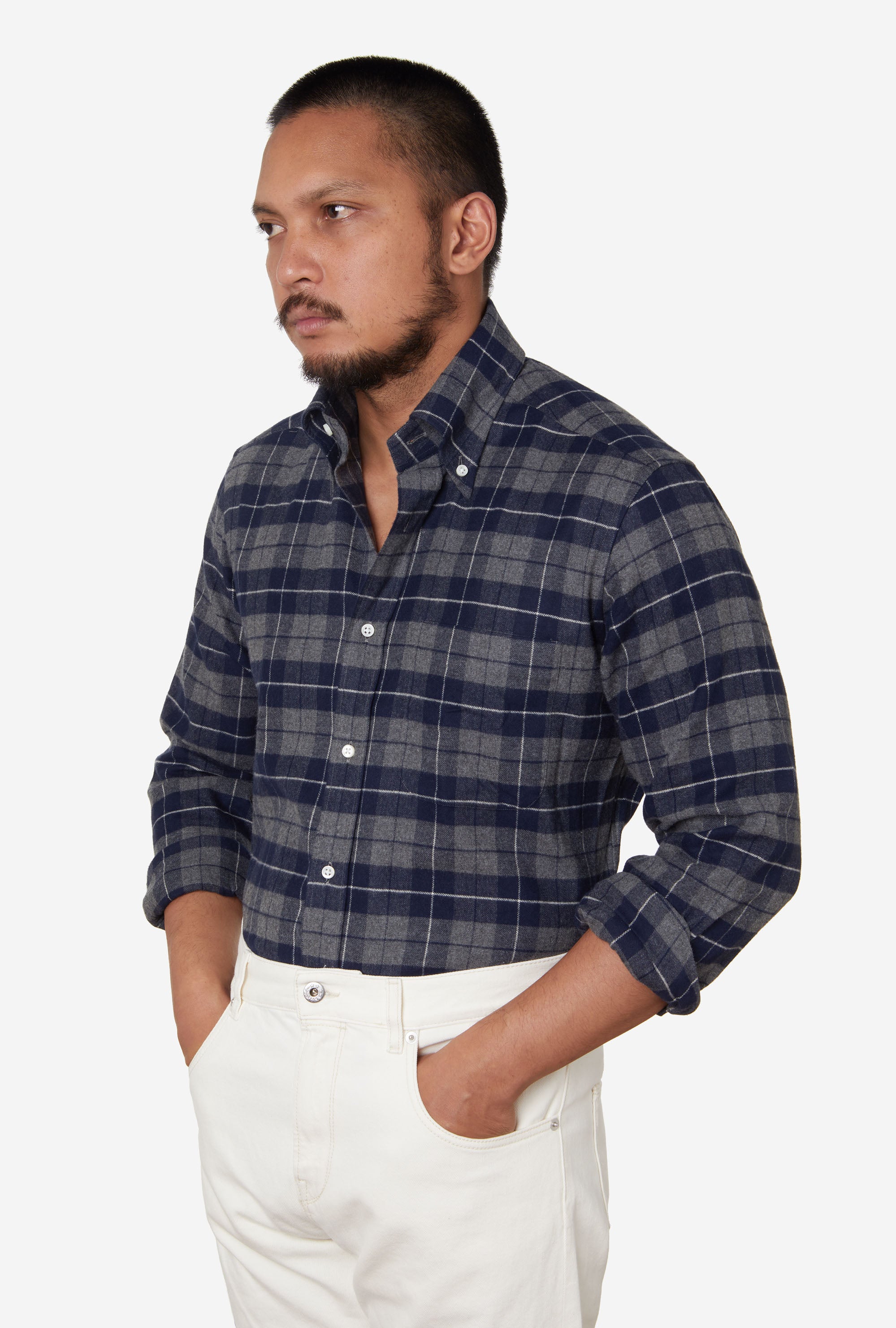 Button Down Sport Shirt Brushed Cotton Grey Navy Ecru Check
