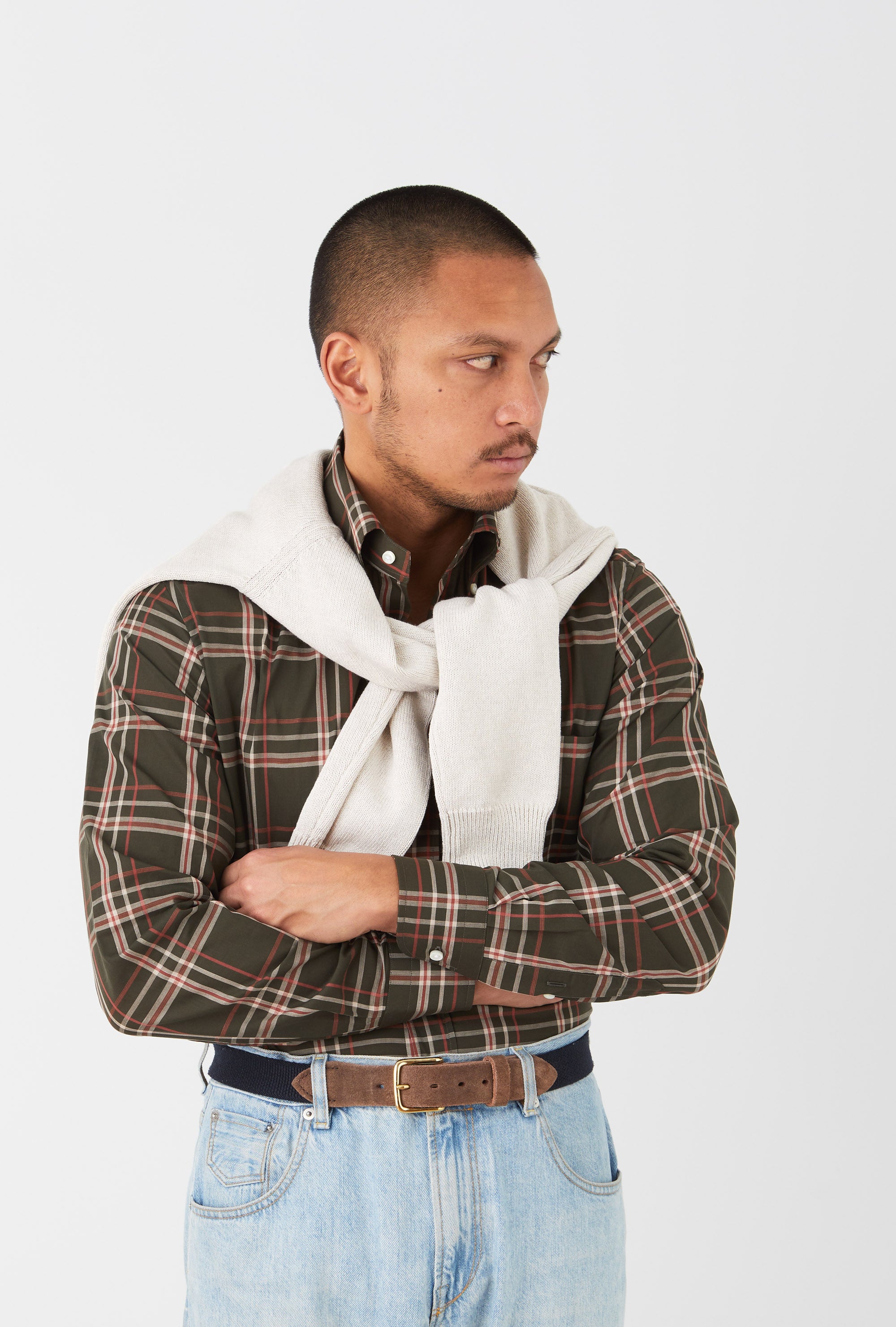 Button Down Cotton-Linen Shirt Olive Red White Check