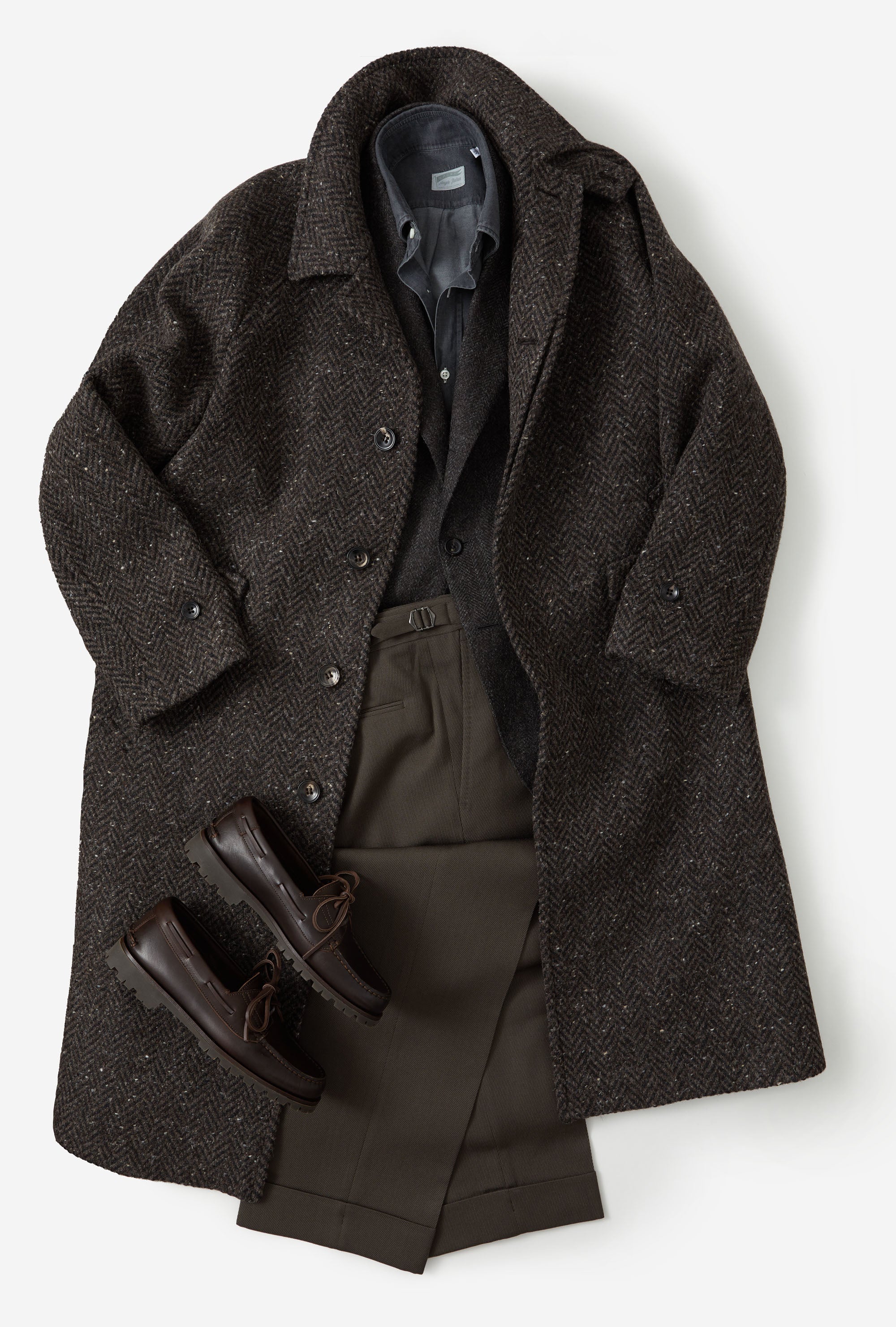 Raglan Sleeve Overcoat Wool Brown Herringbone