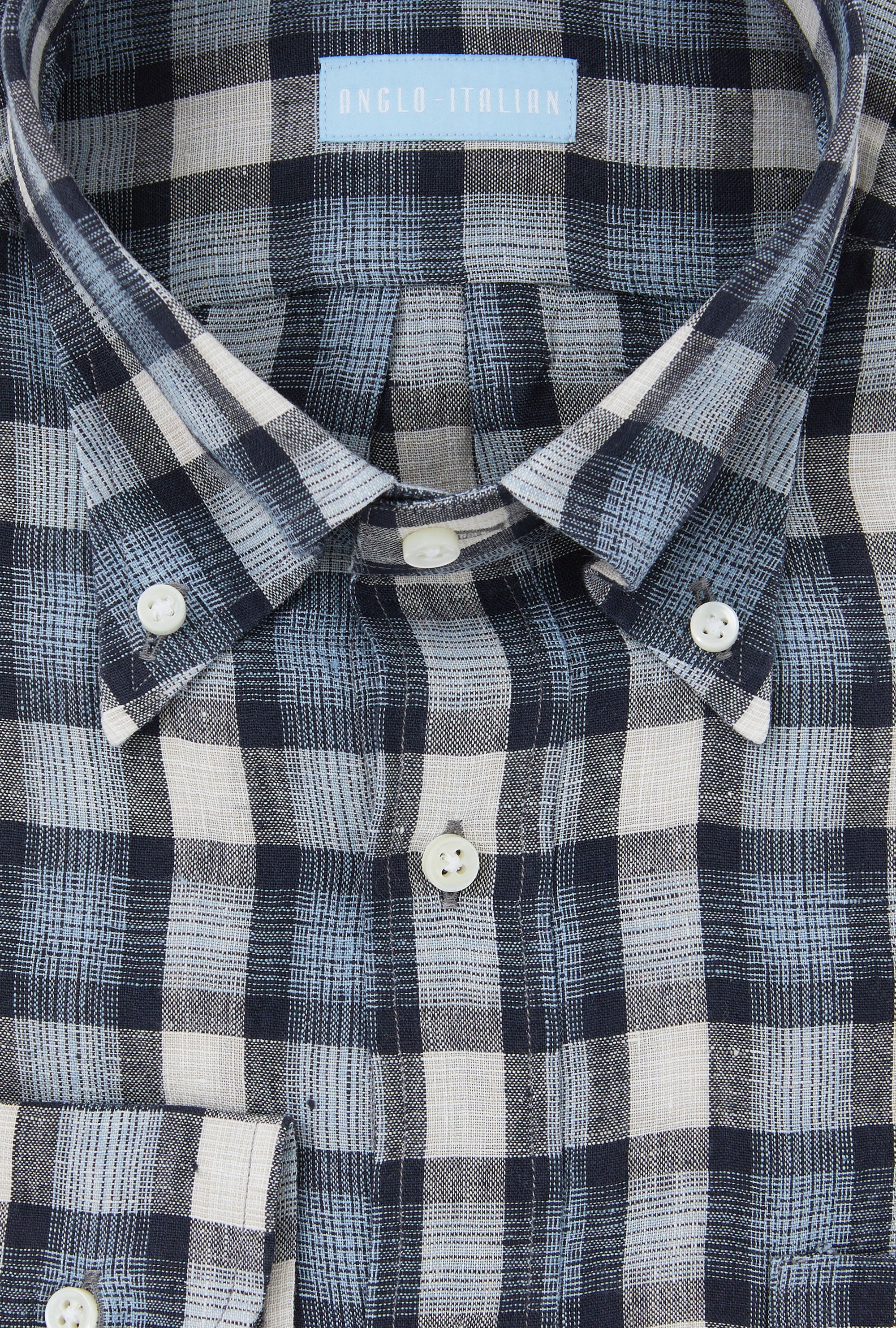 Button Down Linen Madras Shirt Navy Ecru Check