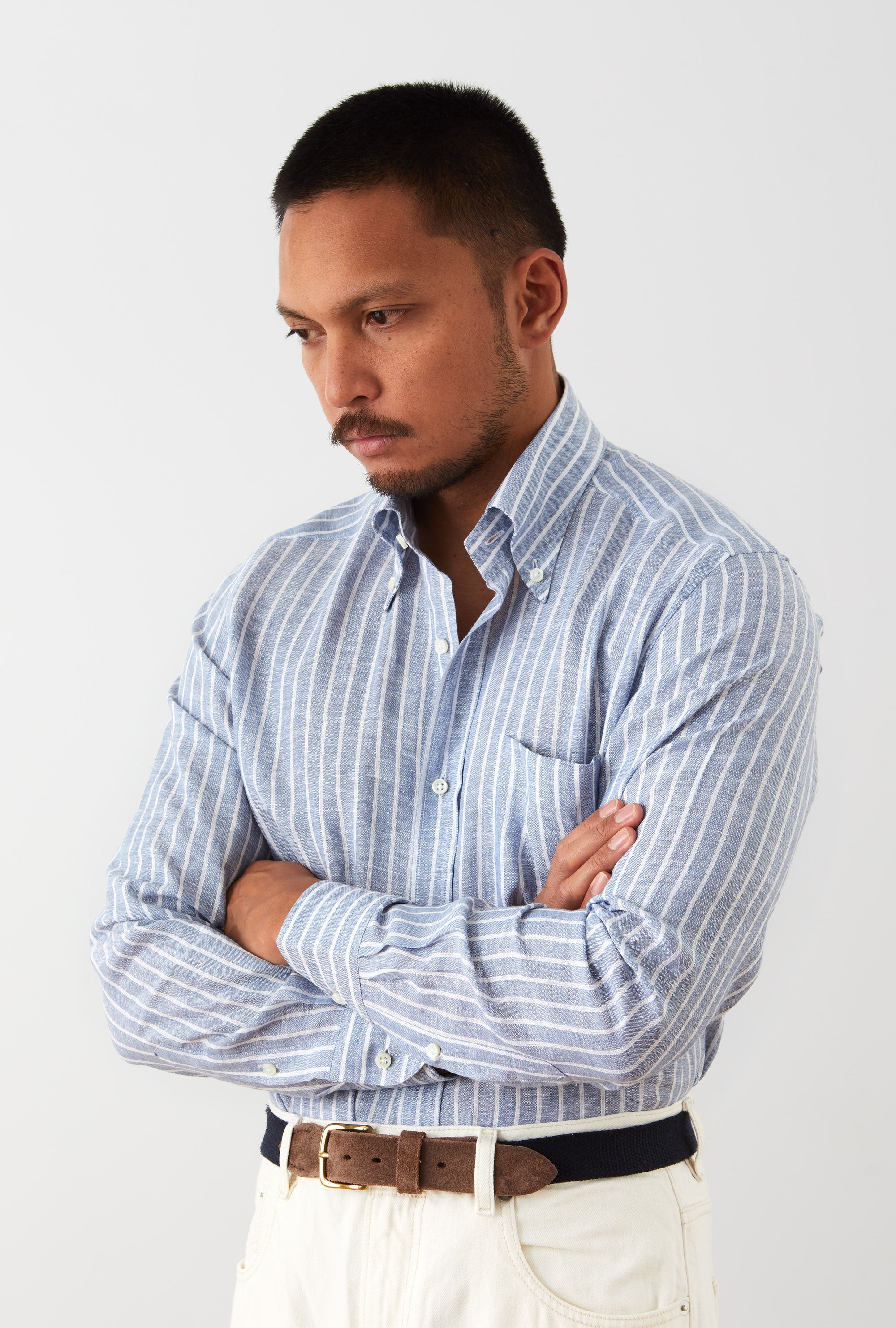 Button Down Linen Shirt Blue Reverse Stripe