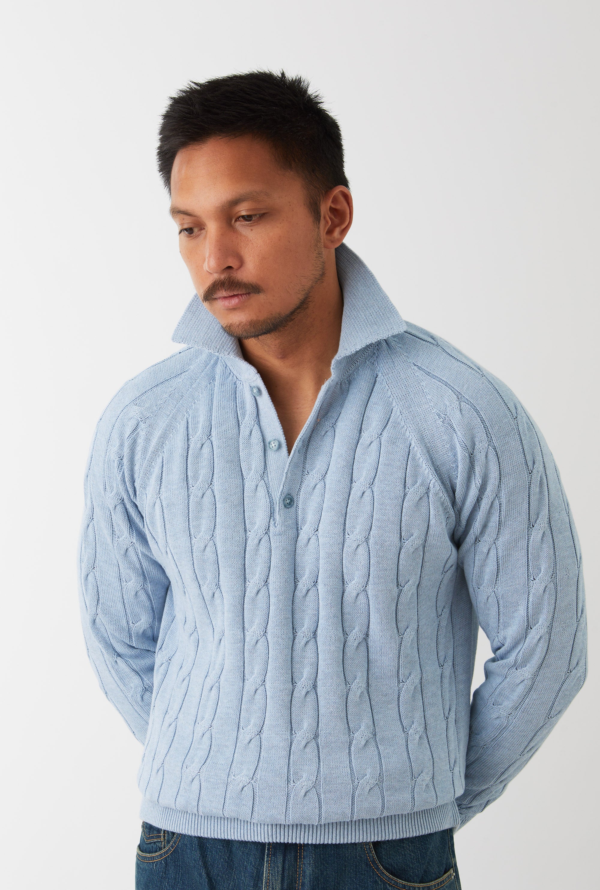 Raglan Polo Cotton Sky Blue Cableknit