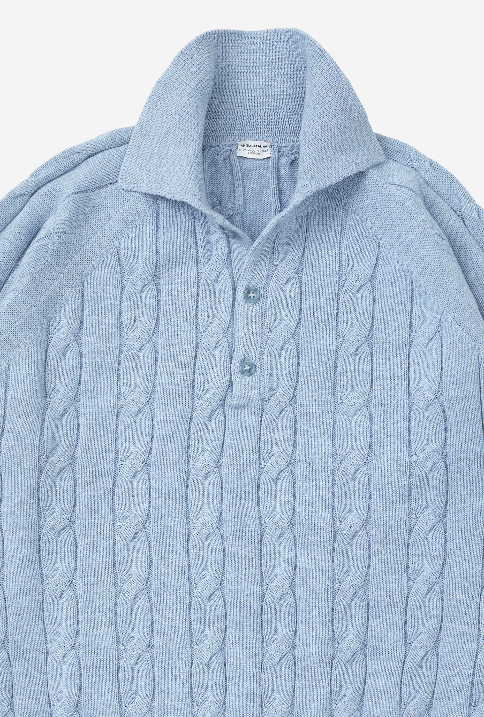 Raglan Polo Cotton Sky Blue Cableknit