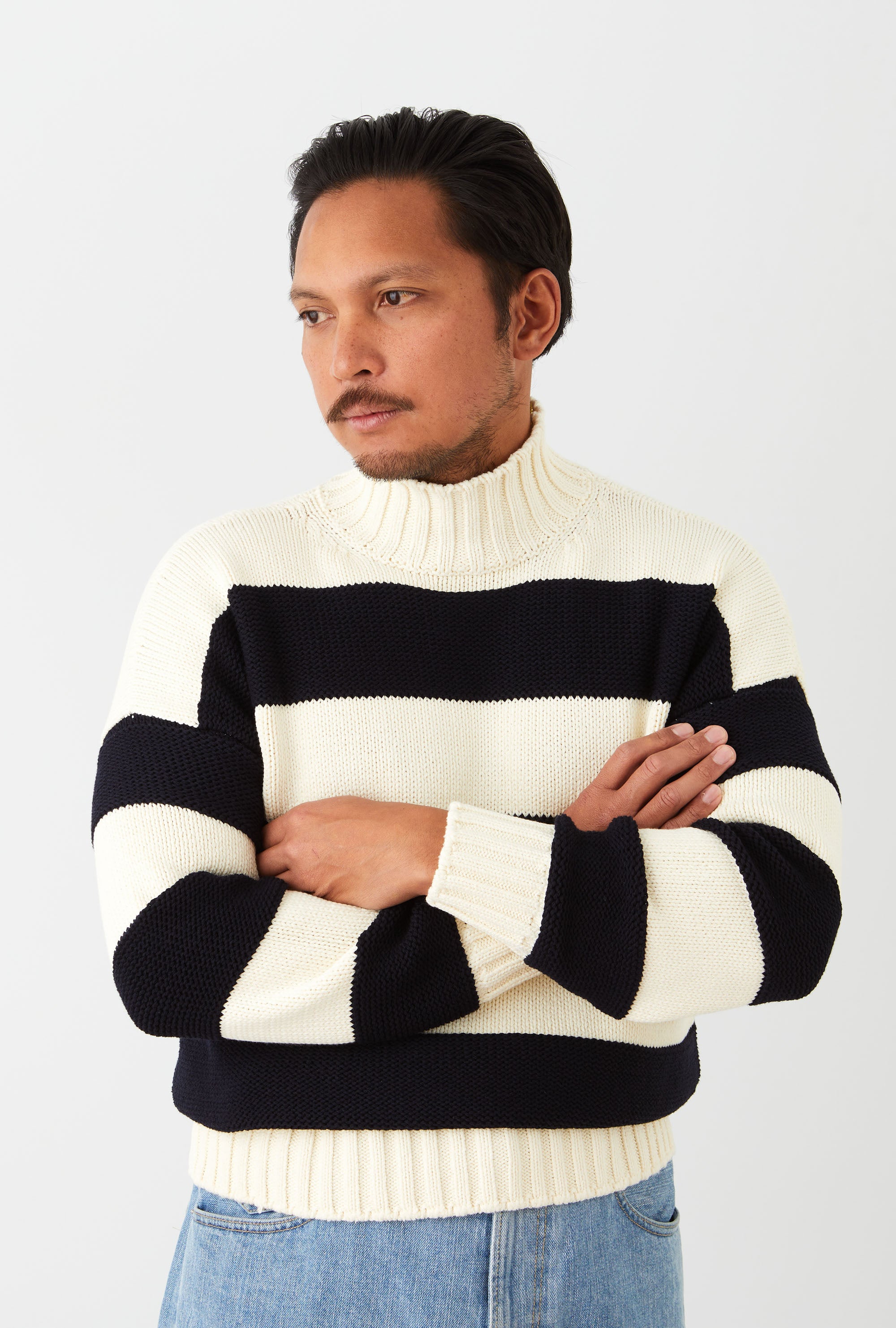 Mockneck Heavy Cotton Ecru Navy Stripe
