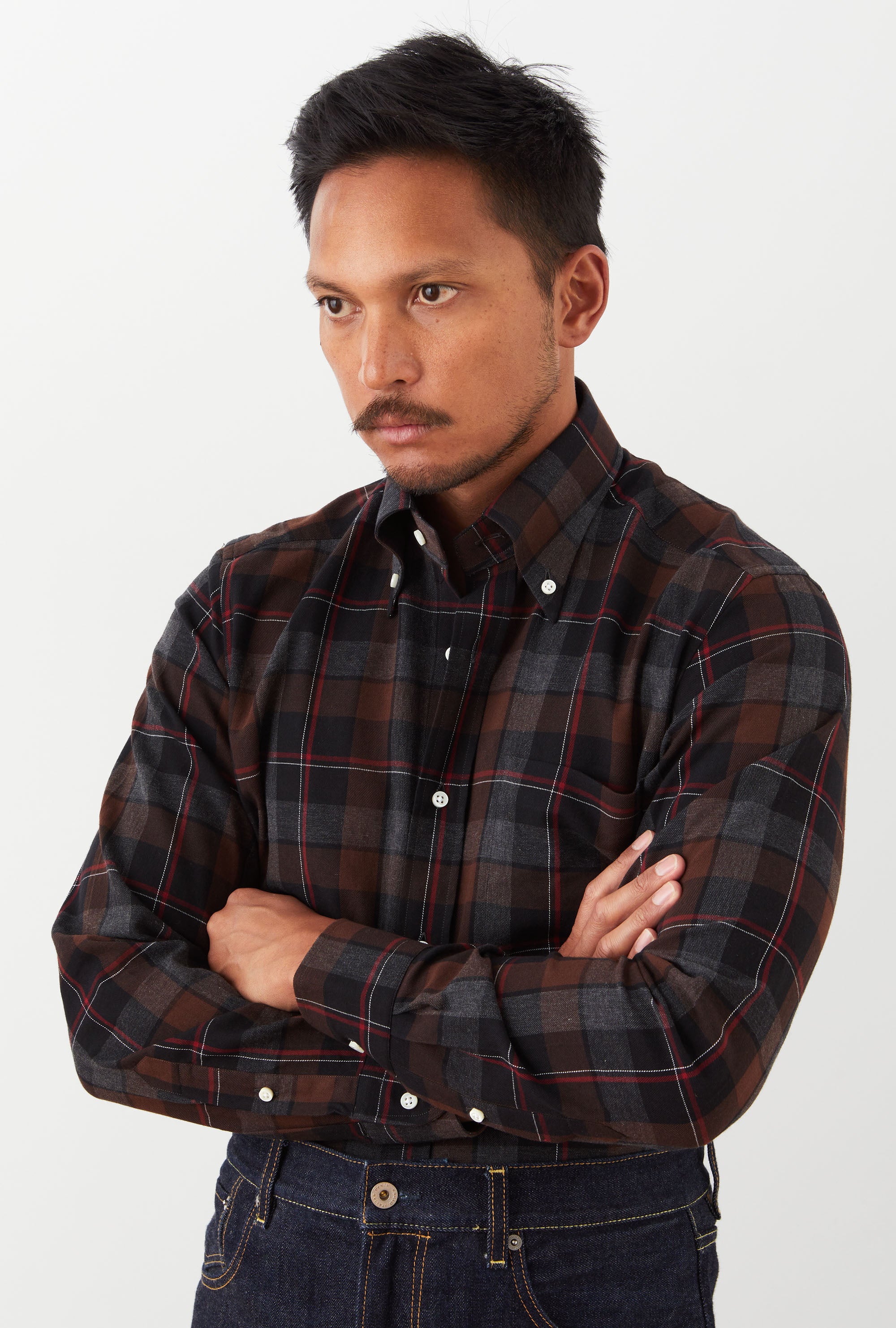 Button Down Sport Shirt Brushed Twill Rust Charcoal Red