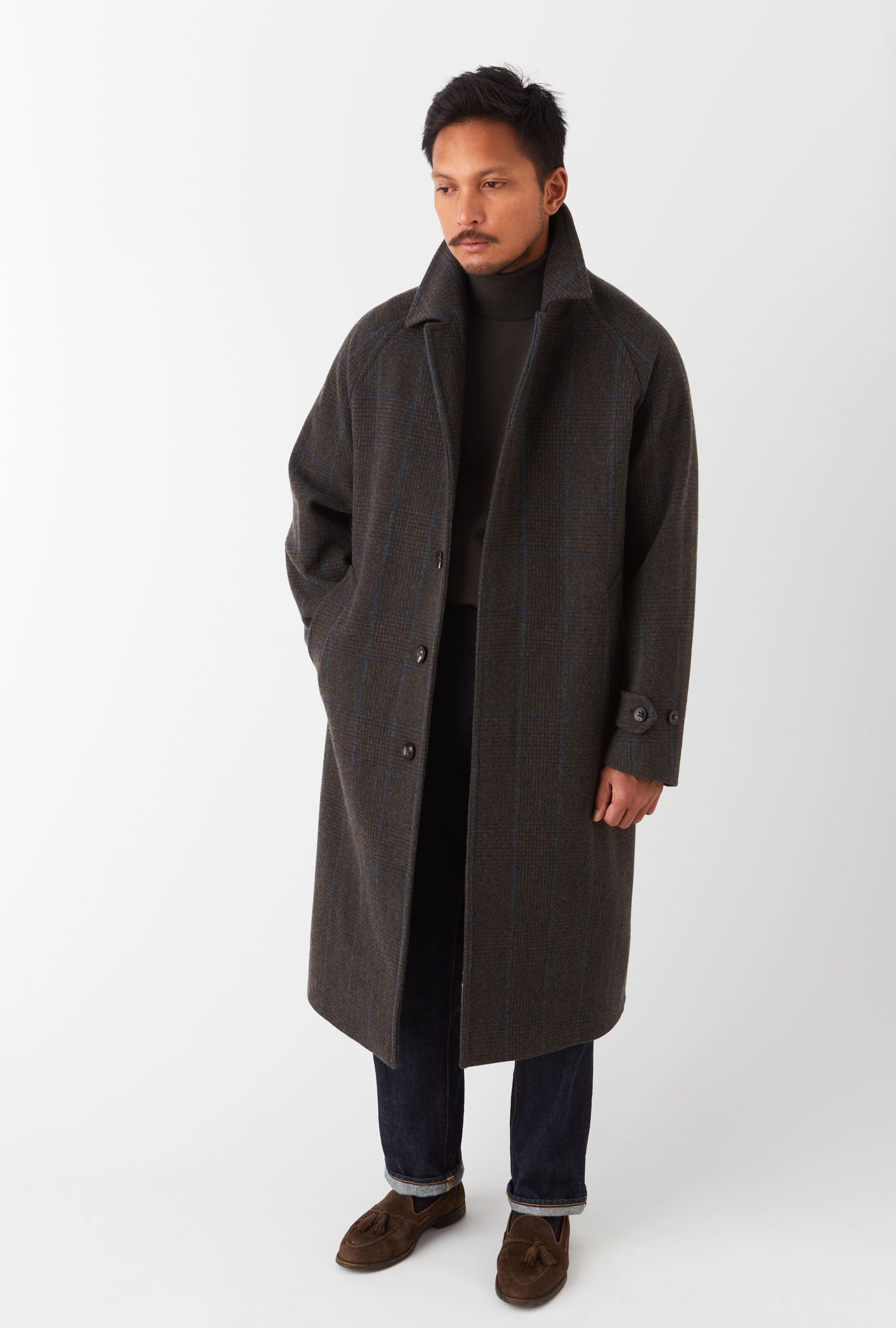 Raglan Sleeve Overcoat Wool Brown Glen Plaid Blue Overcheck