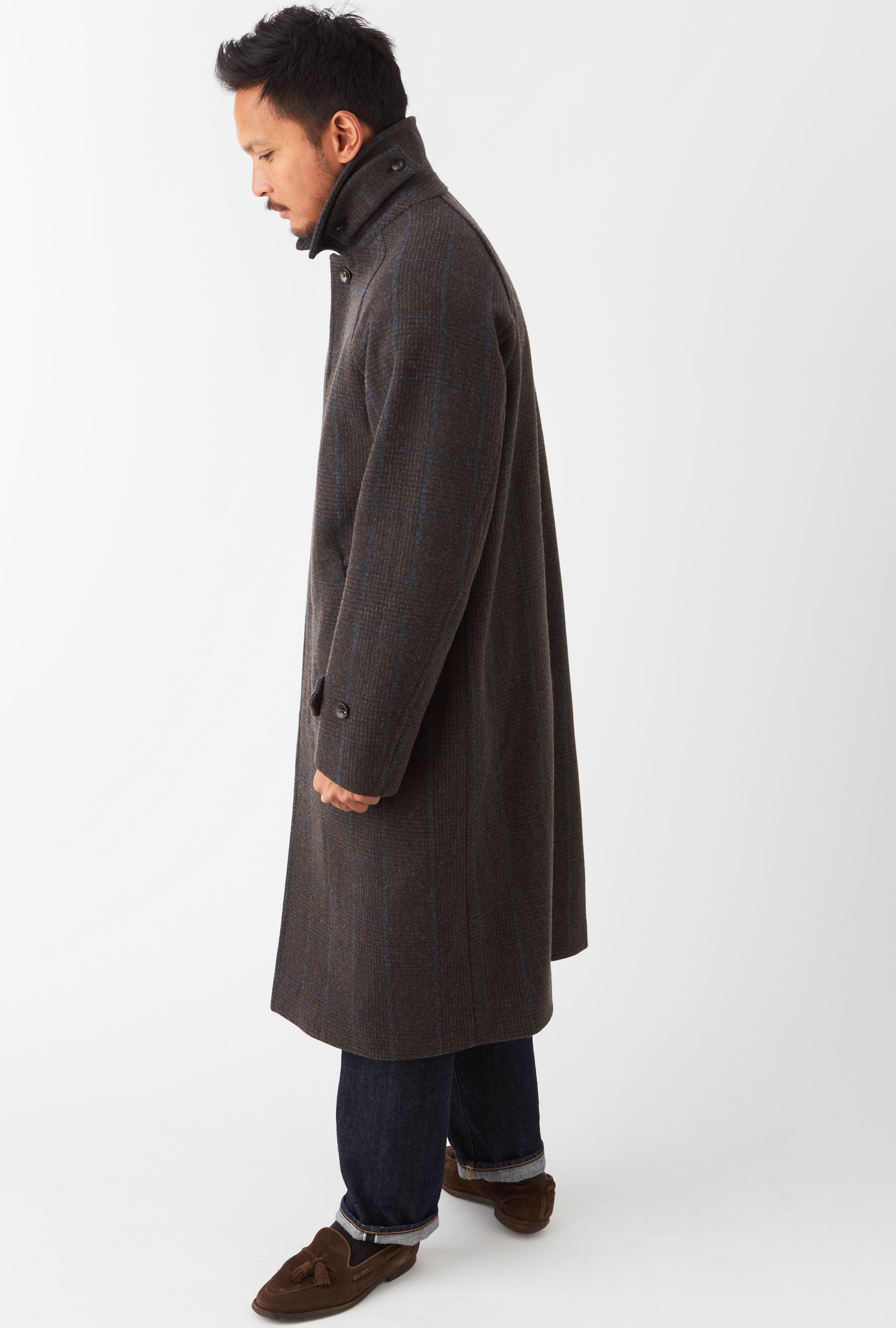 Raglan Sleeve Overcoat Wool Brown Glen Plaid Blue Overcheck