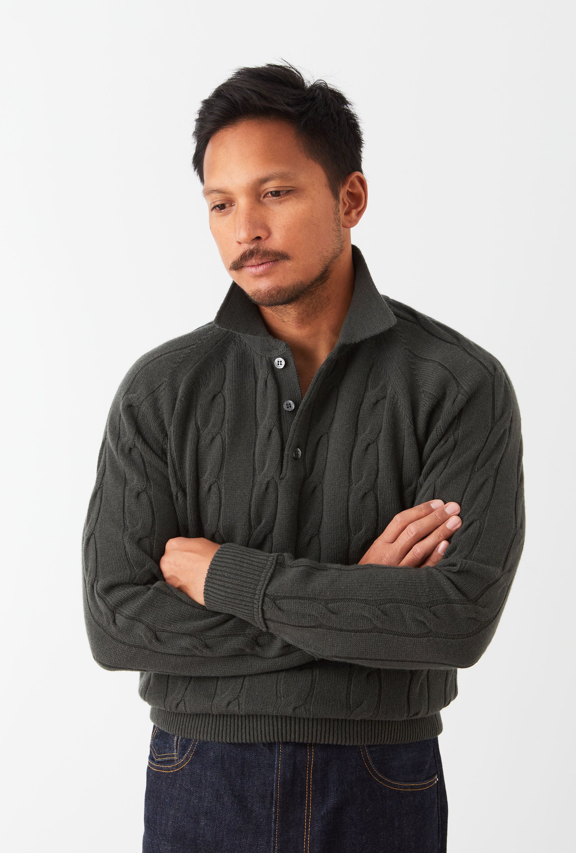 Raglan Polo Cableknit Wool-Cashmere Military Green