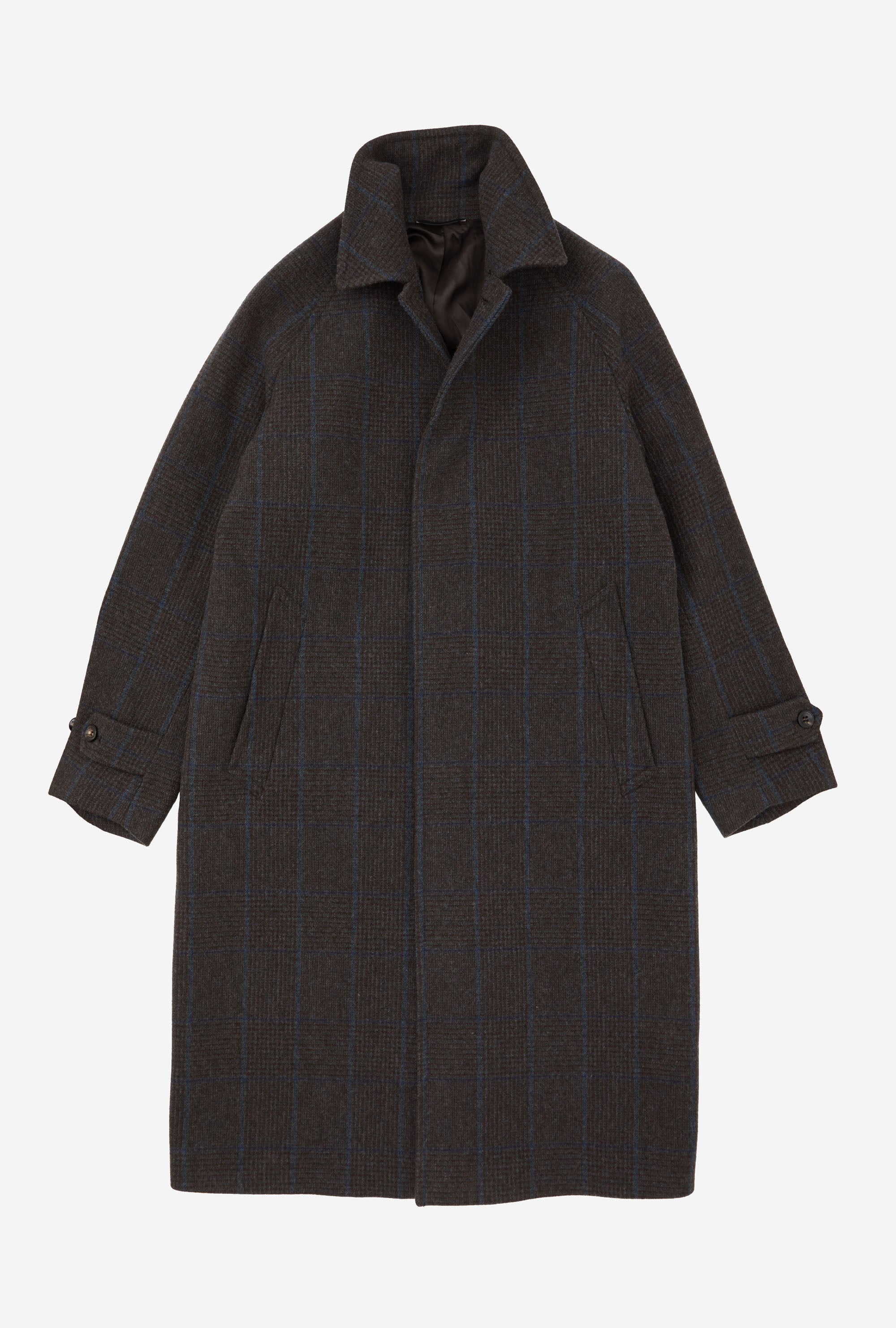 Raglan Sleeve Overcoat Wool Brown Glen Plaid Blue Overcheck