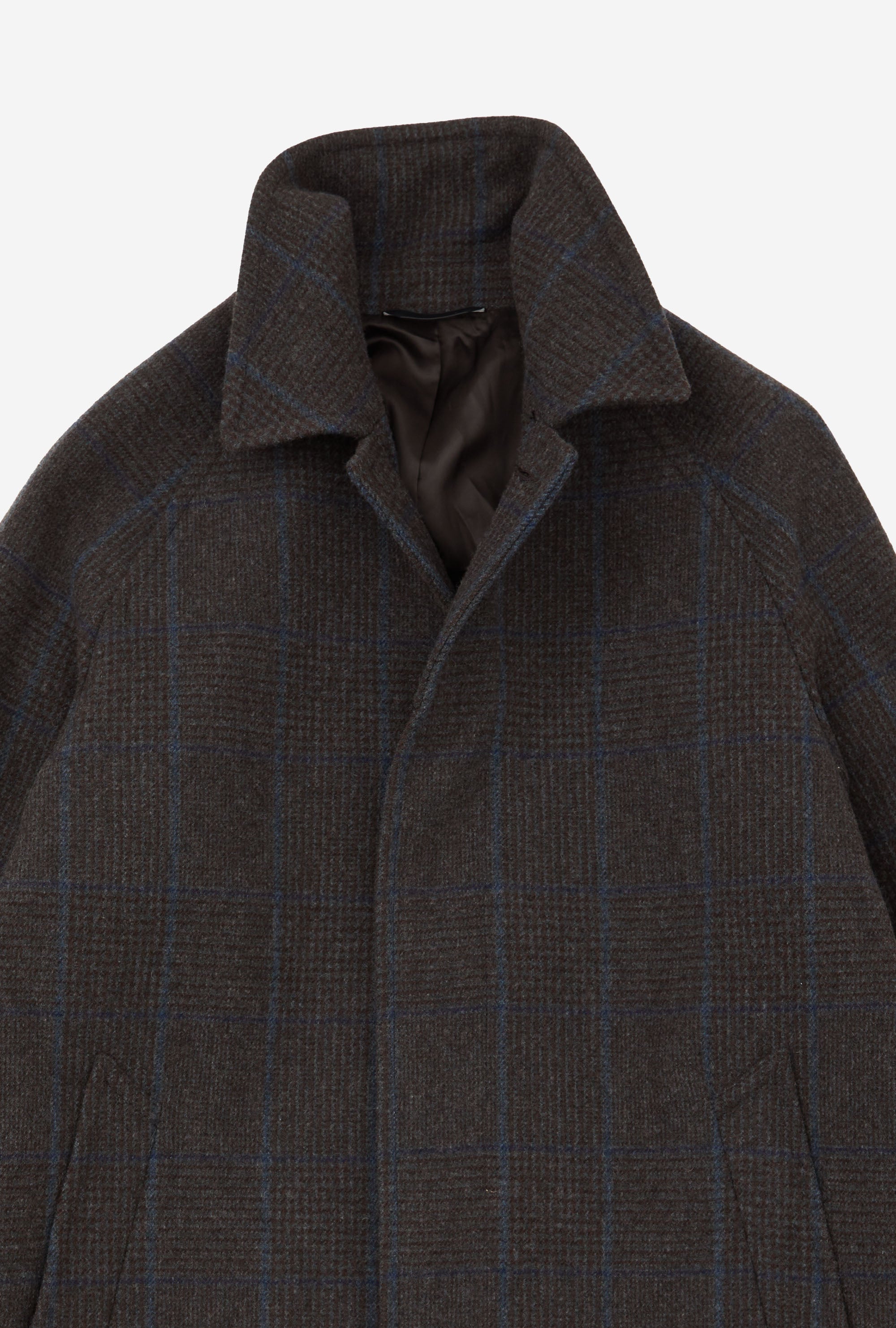 Raglan Sleeve Overcoat Wool Brown Glen Plaid Blue Overcheck