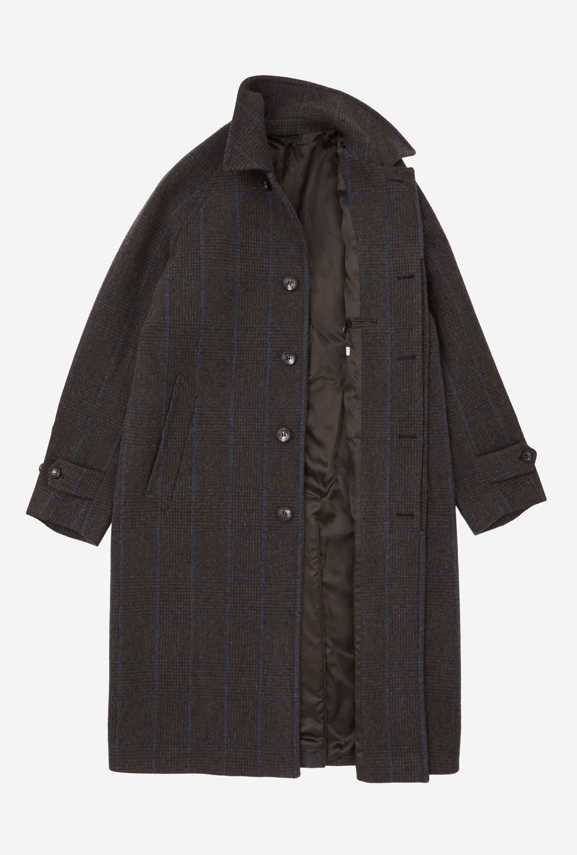 Raglan Sleeve Overcoat Wool Brown Glen Plaid Blue Overcheck