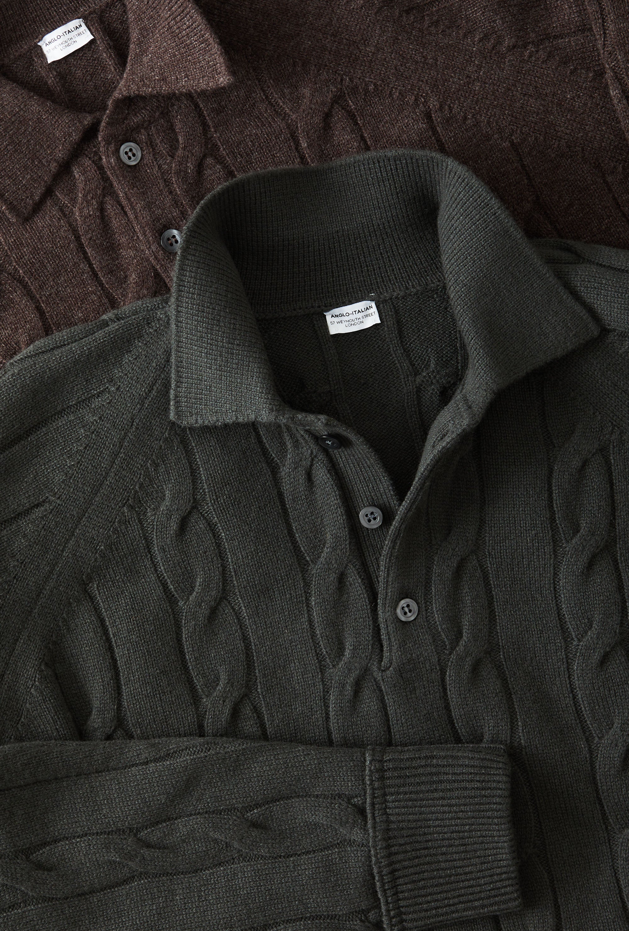 Raglan Polo Cableknit Wool-Cashmere Military Green