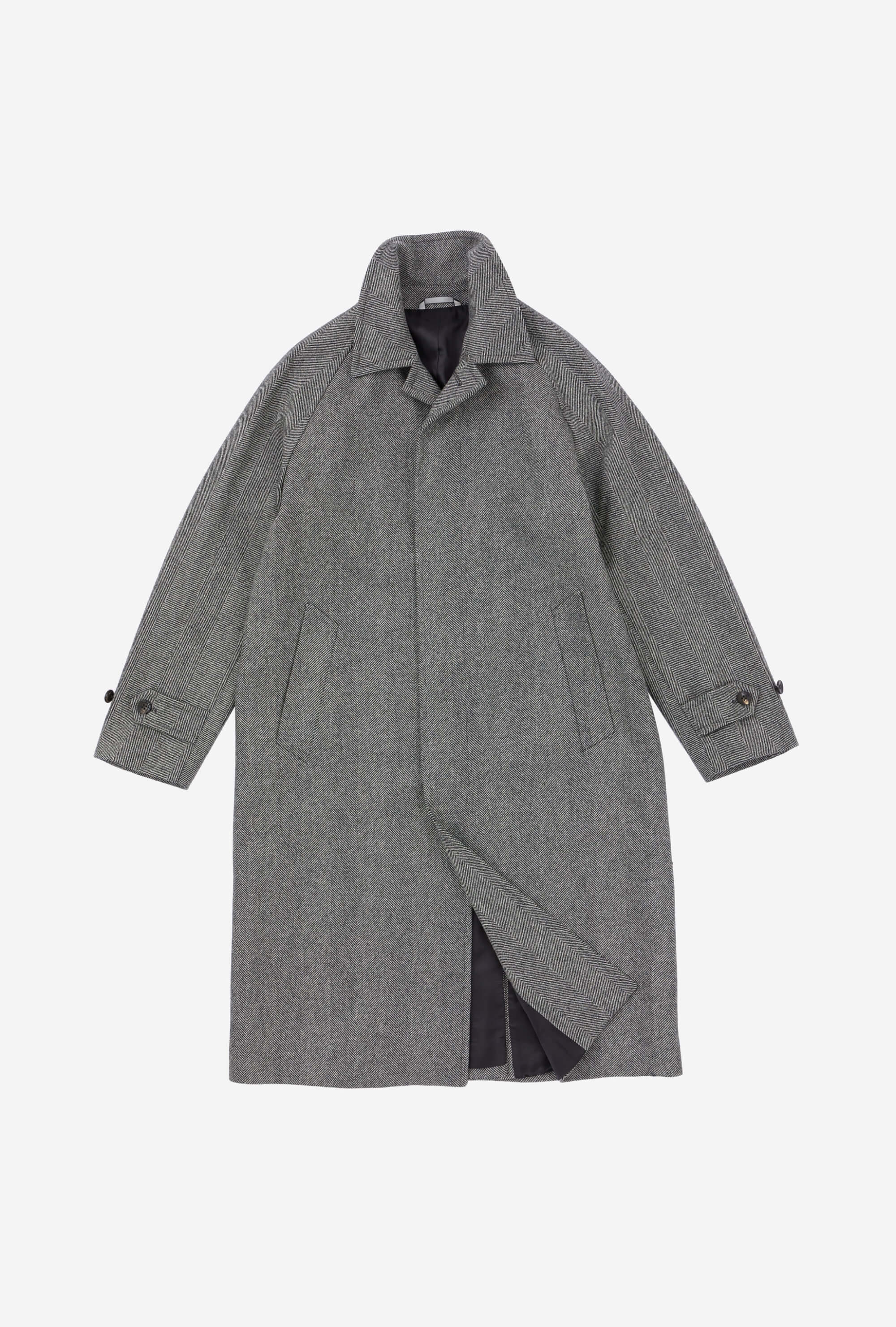 Raglan Sleeve Overcoat Wool Grey Herringbone