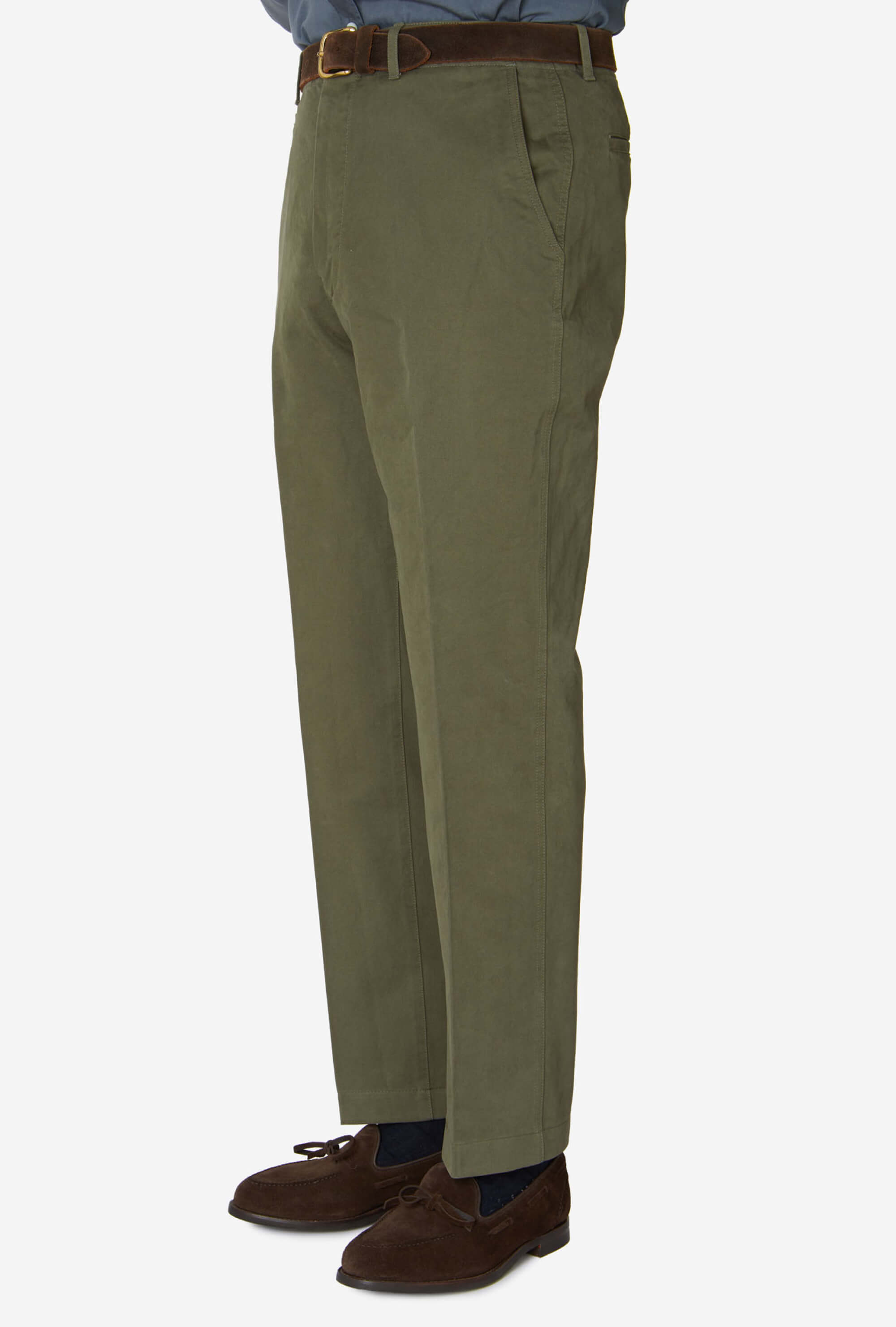 Garment Washed Flat Front Cotton Trouser Green