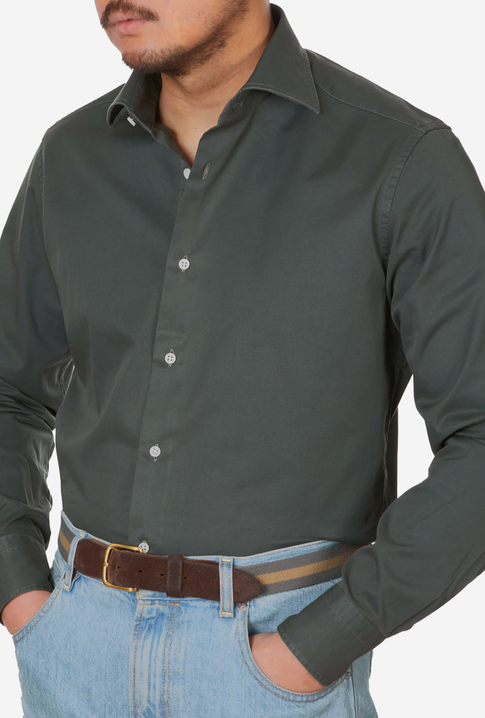 Spread Collar Shirt Garment Dye Forest Green