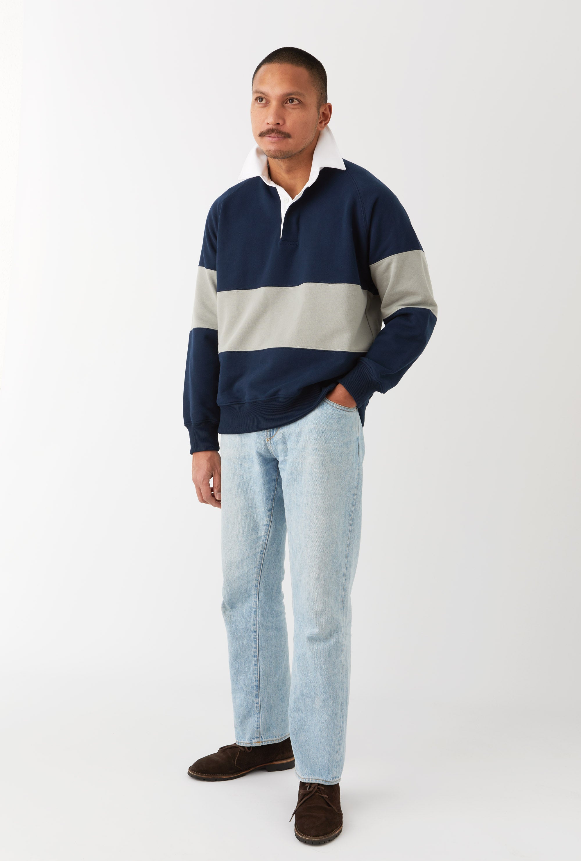Rugby Shirt Cotton Navy Grey Stripe
