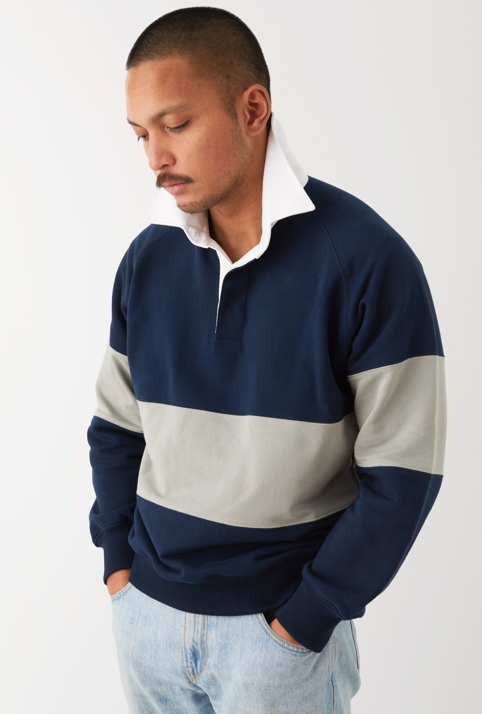 Rugby Shirt Cotton Navy Grey Stripe