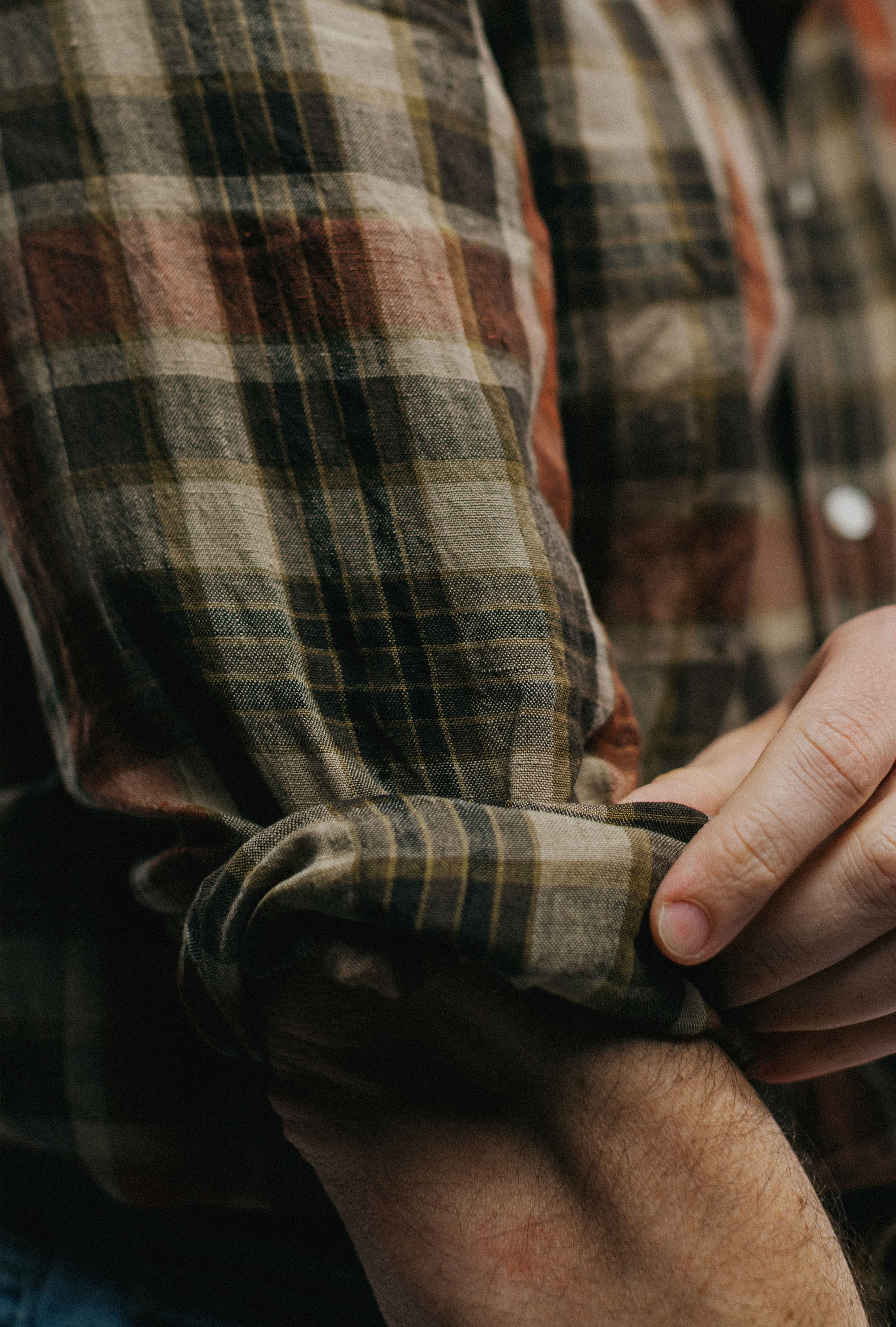 Button Down Linen Madras Shirt Rust Olive Sand Check