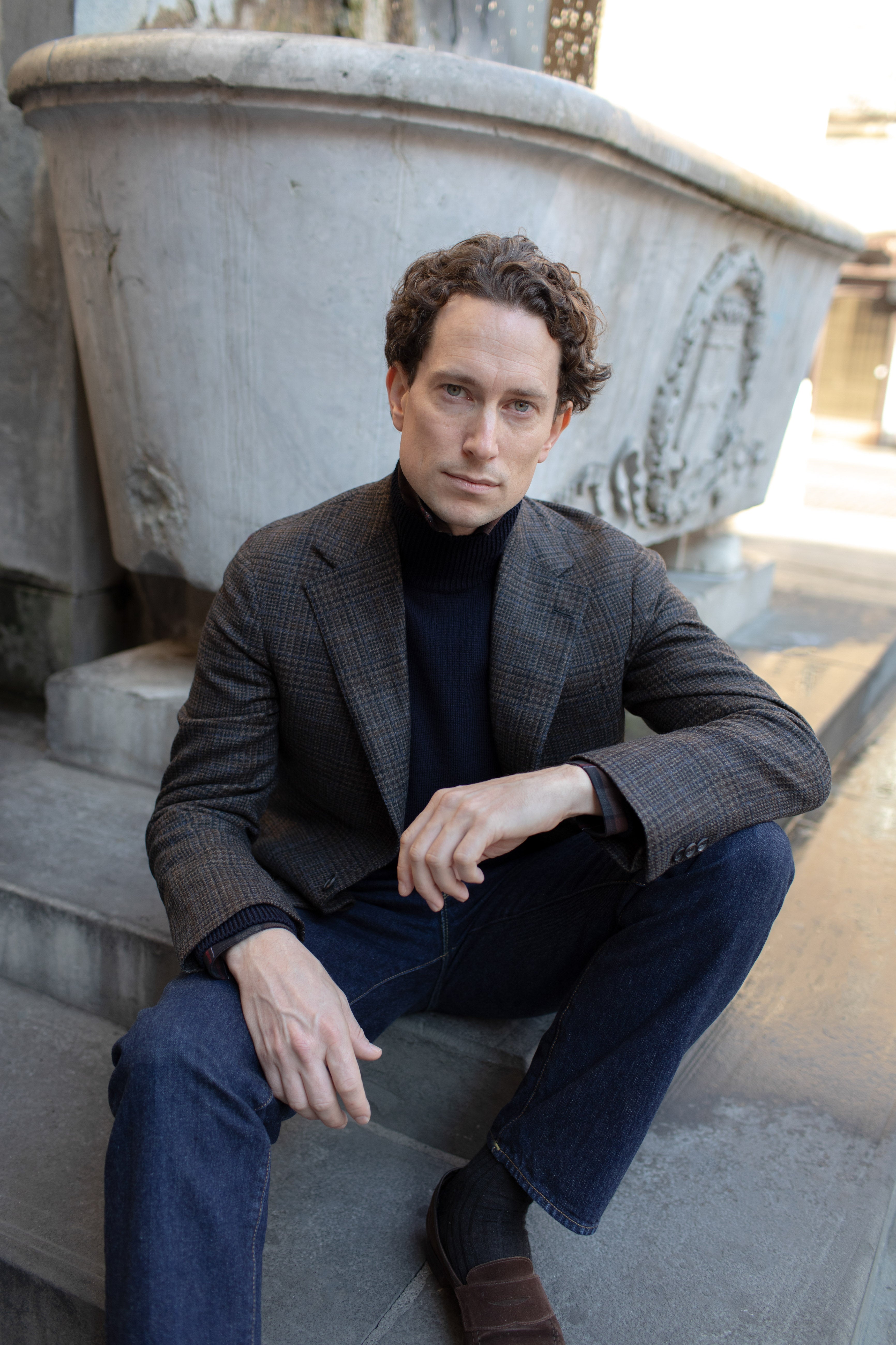 Sport Jacket Wool Cashmere Brown Blue Overcheck