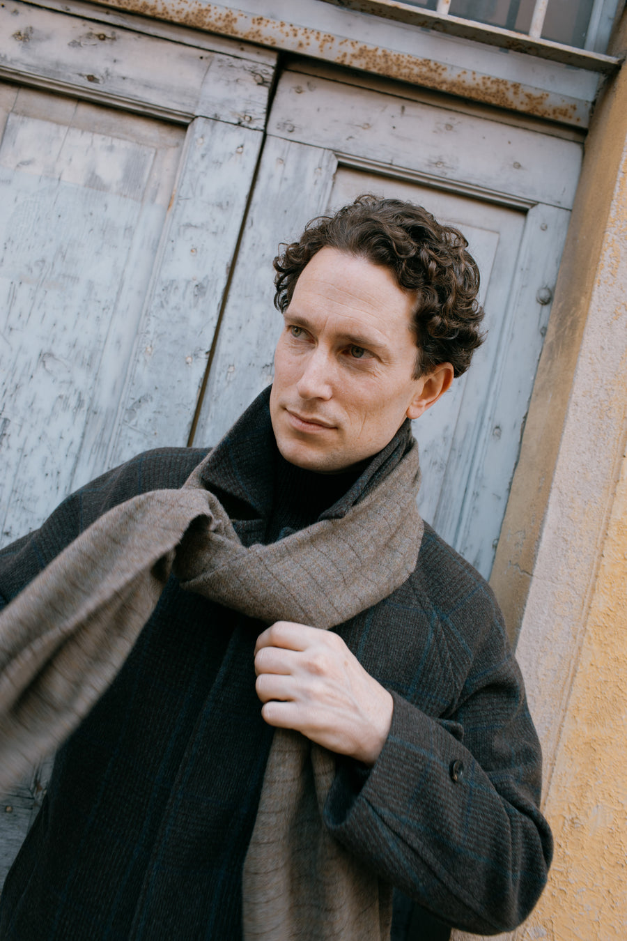 Raglan Sleeve Overcoat Wool Brown Glen Plaid Blue Overcheck