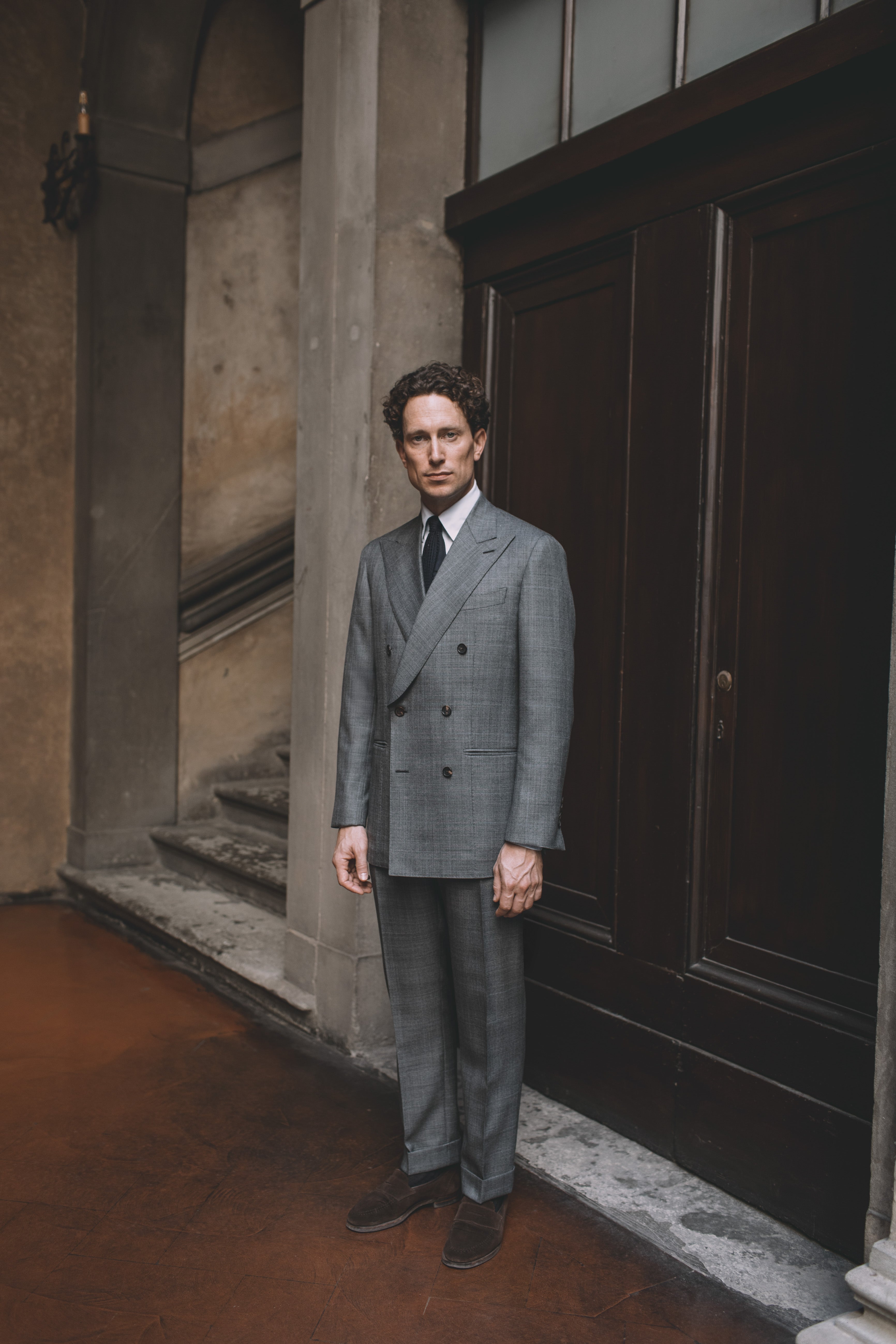 Suit Double Breasted Grey Glen Plaid Sky Overcheck