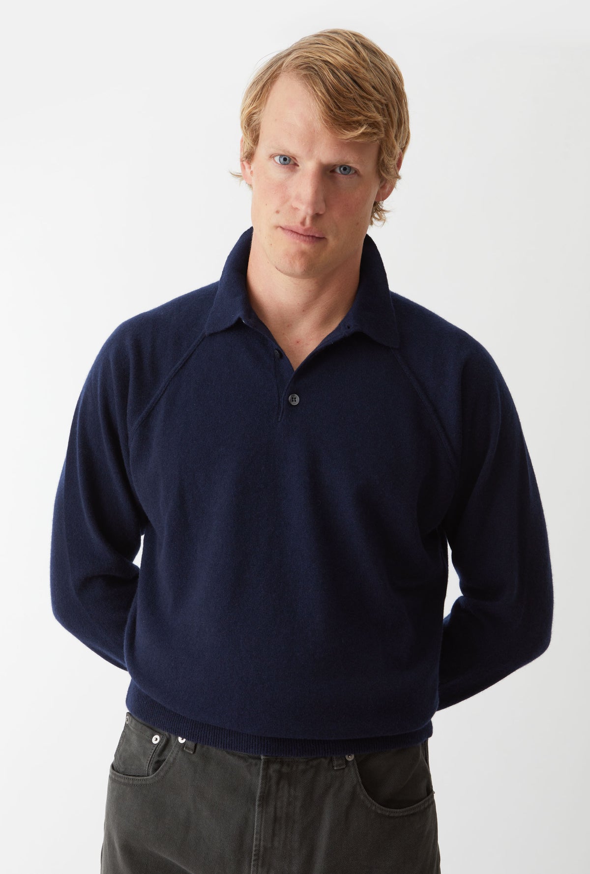 Raglan Sleeve Polo Wool-Cashmere Navy