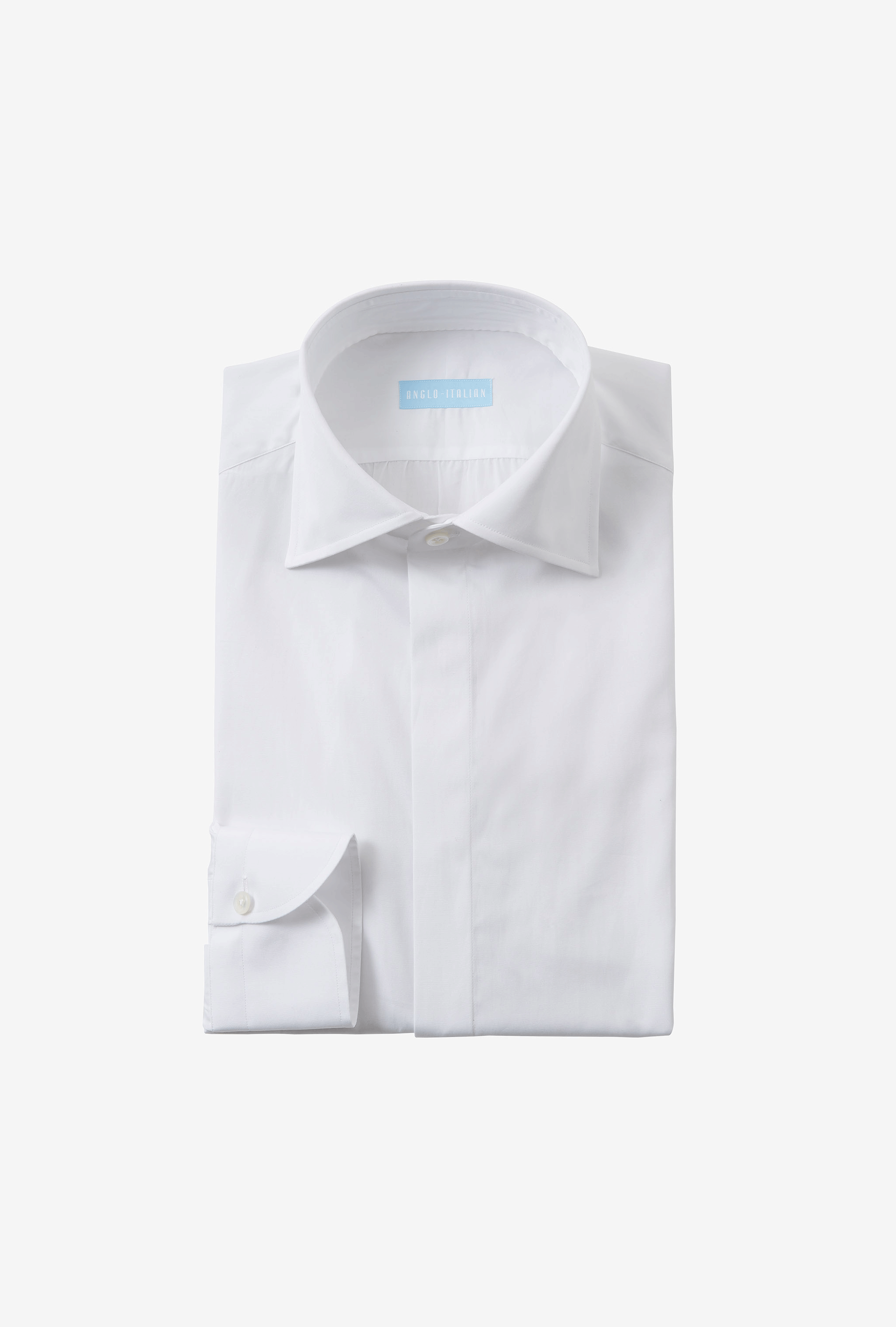 Spread Collar Shirt Cotton White Covered Placket