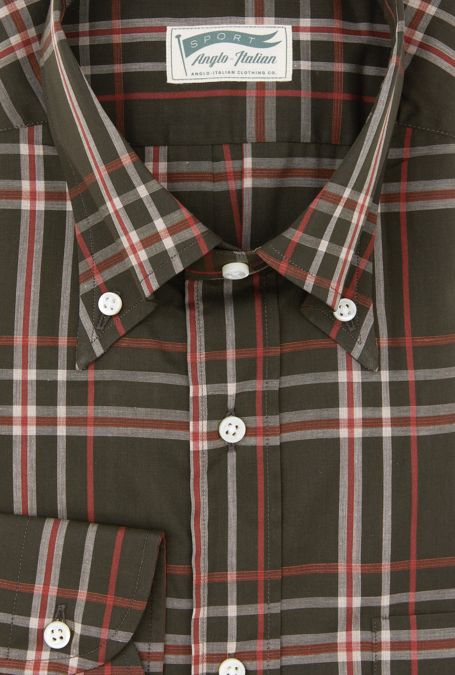 Button Down Cotton-Linen Shirt Olive Red White Check