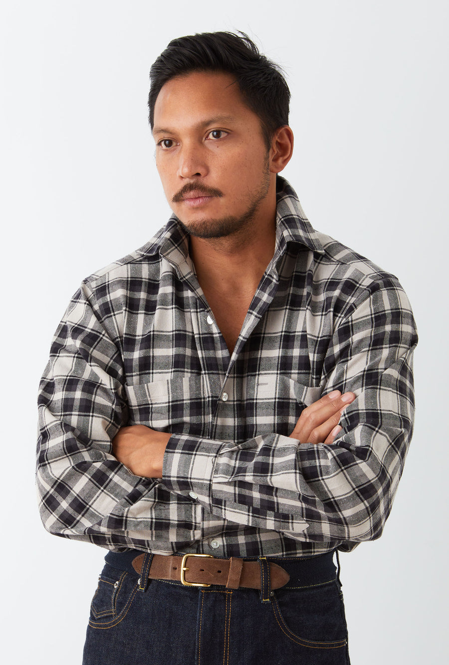 Mechanics Shirt Cotton Silk Ecru Grey Check