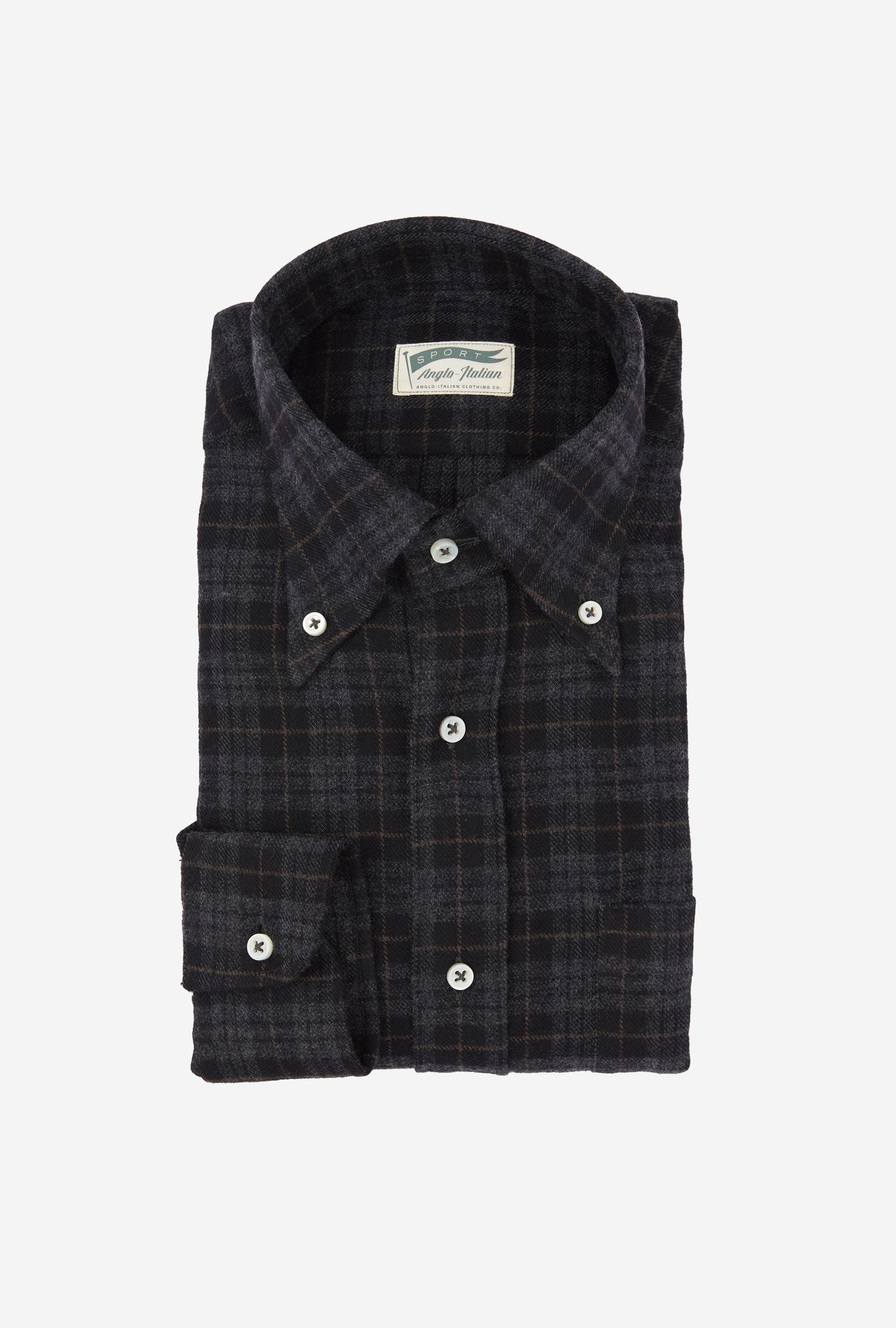Button Down Sport Shirt Brushed Wool Charcoal Check