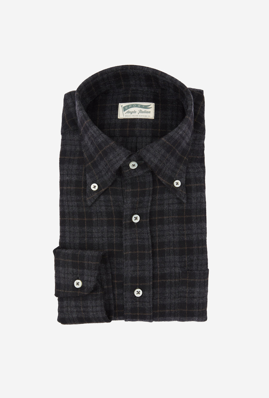 Button Down Sport Shirt Brushed Wool Charcoal Check