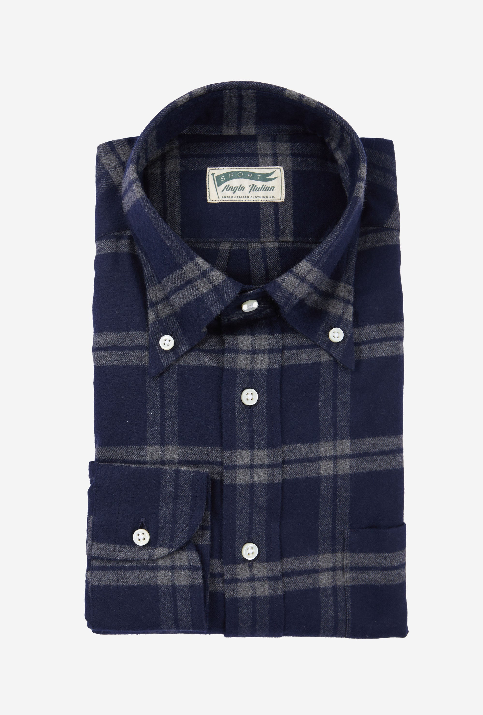 Button Down Sport Shirt Brushed Cotton Navy Grey Check