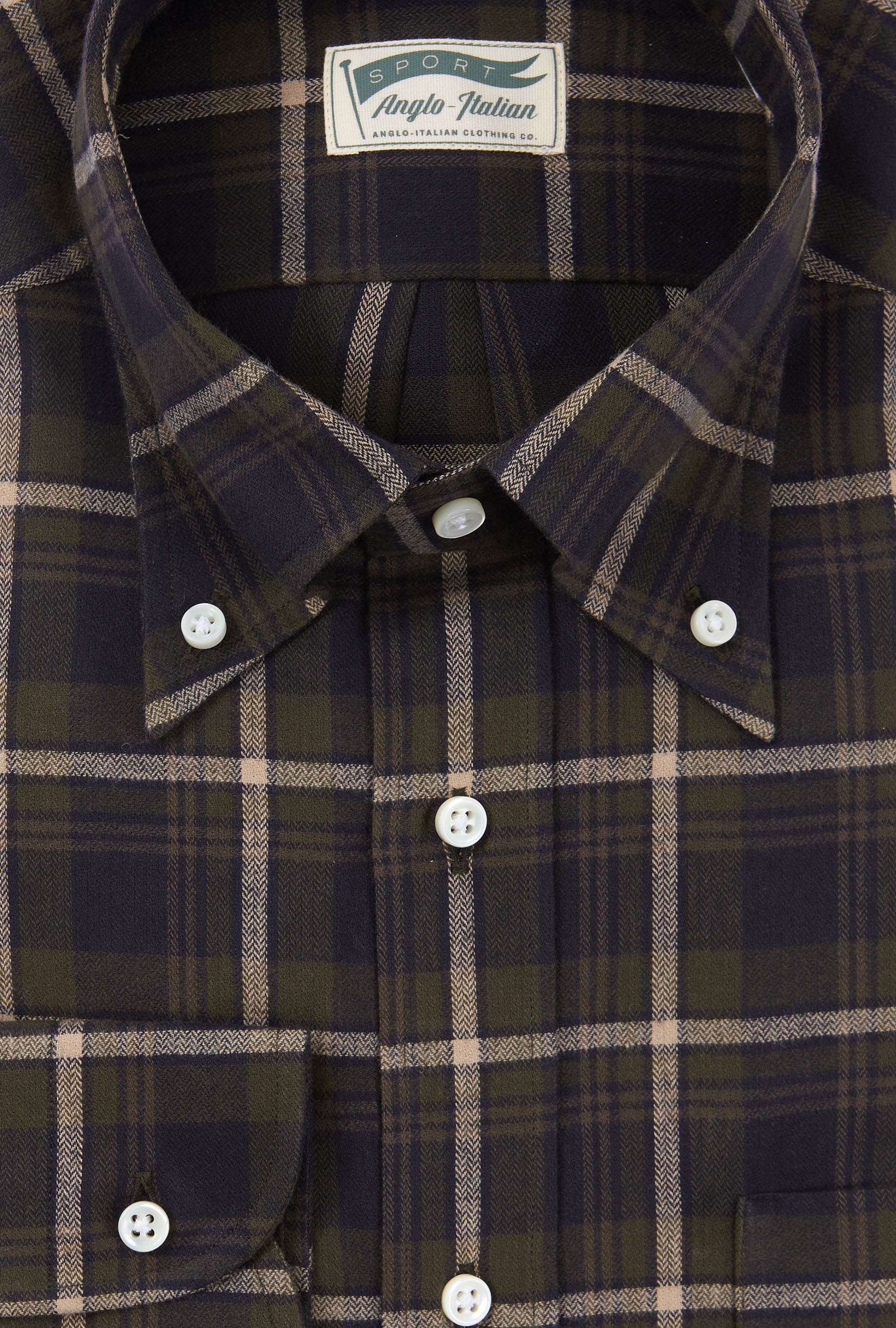 Button Down Sport Shirt Brushed Cotton Olive Brown Check
