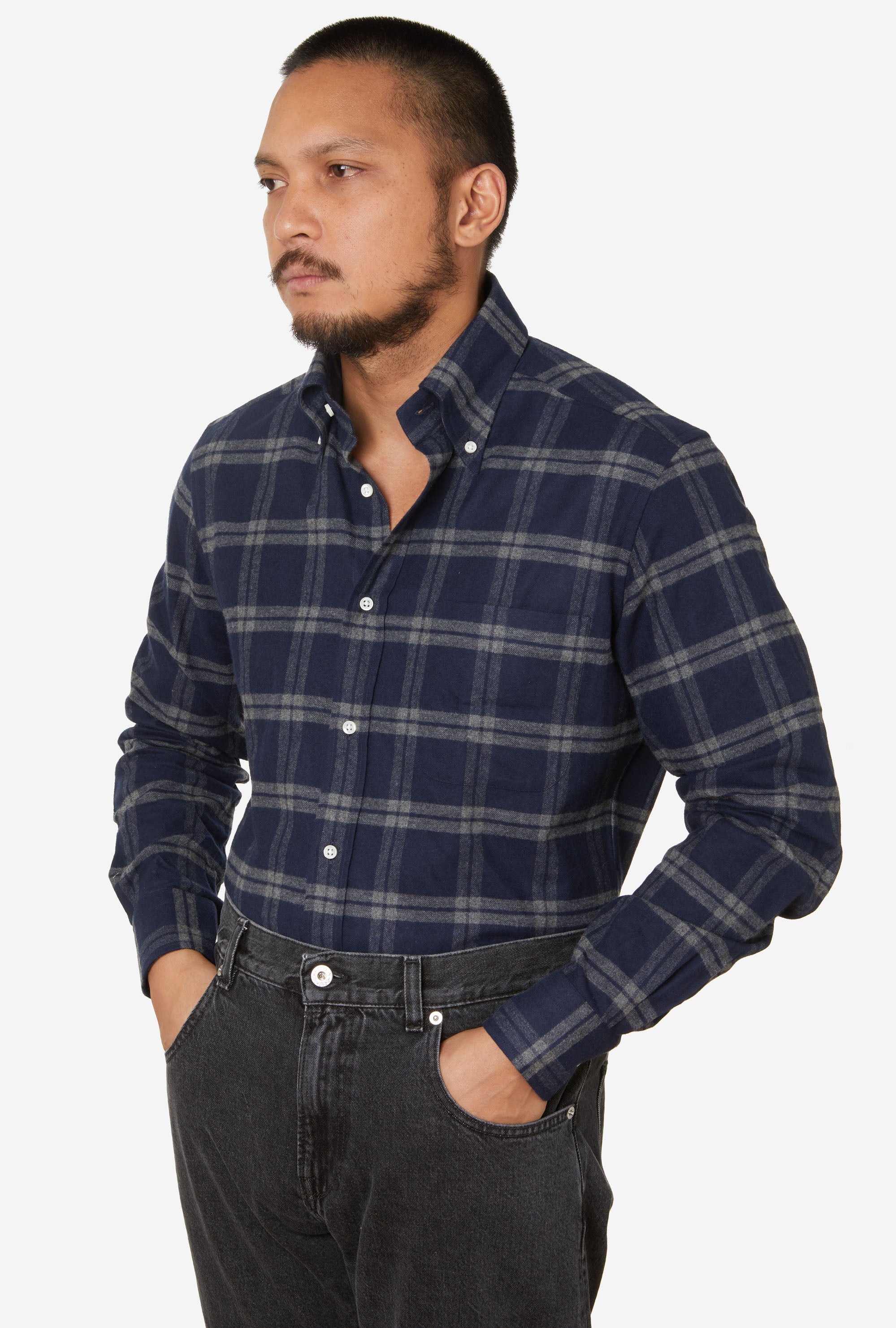 Button Down Sport Shirt Brushed Cotton Navy Grey Check