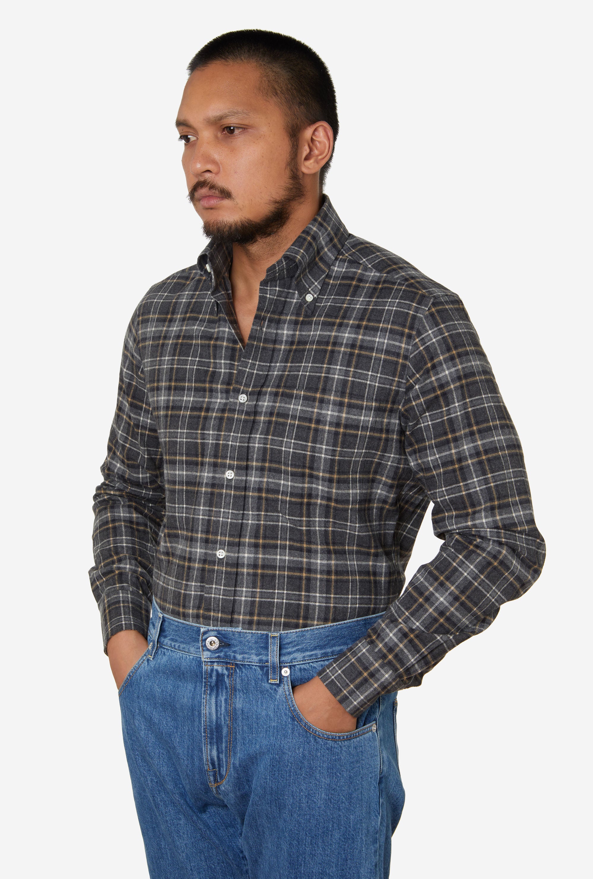 Button Down Sport Shirt Brushed Cotton Charcoal Yellow Check
