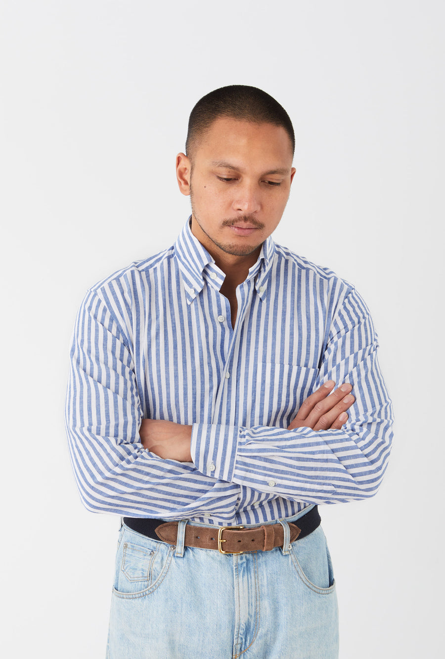 Button Down Sport Shirt Cotton-Linen Blue Butchers Stripe