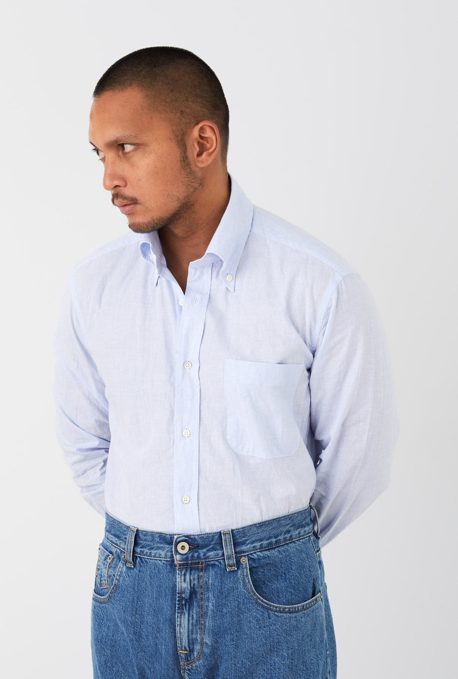 Button Down Sport Shirt Cotton-Linen Sky Blue Hairstripe
