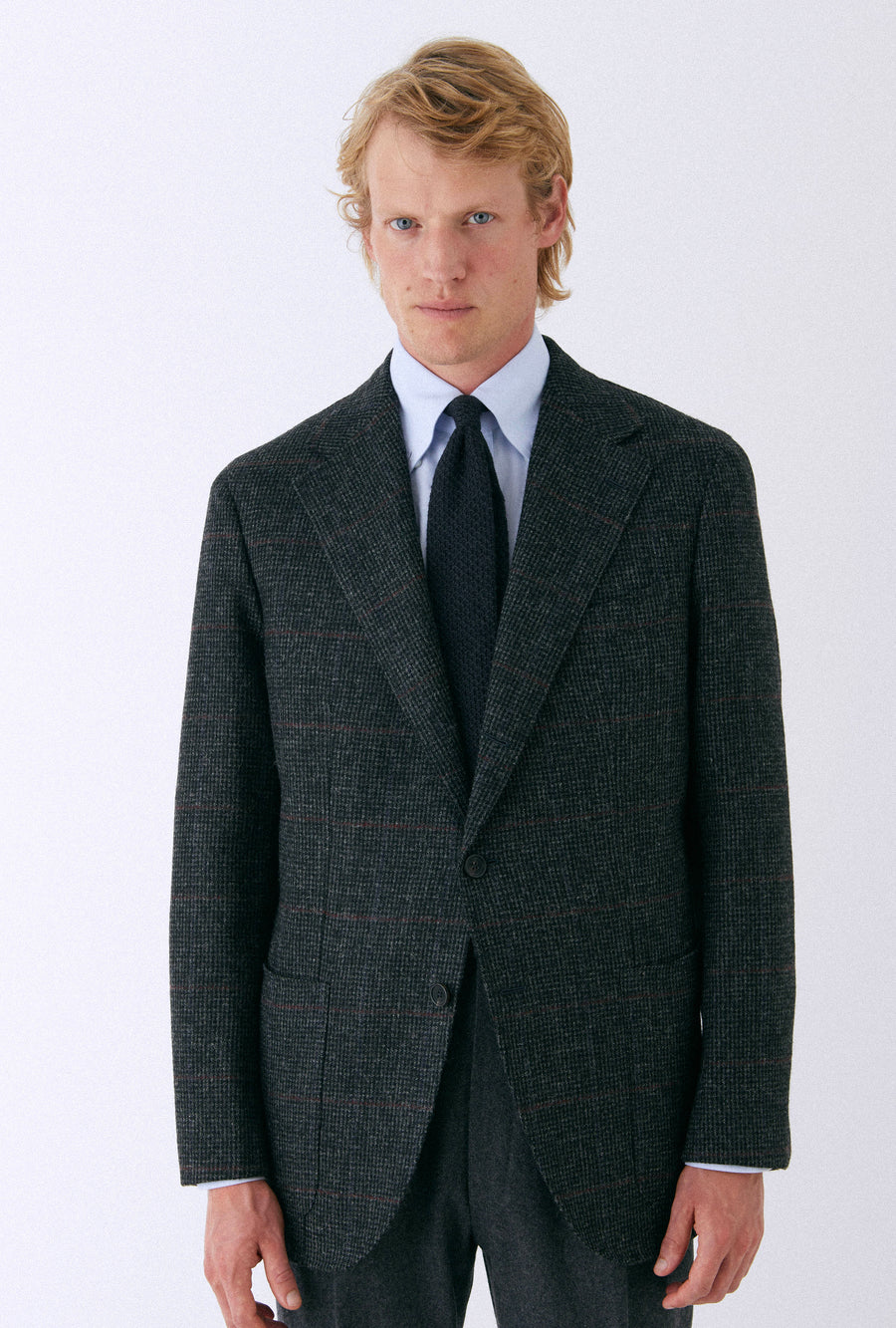 Sport Jacket Wool Charcoal Tickweave Blue Blood Overcheck