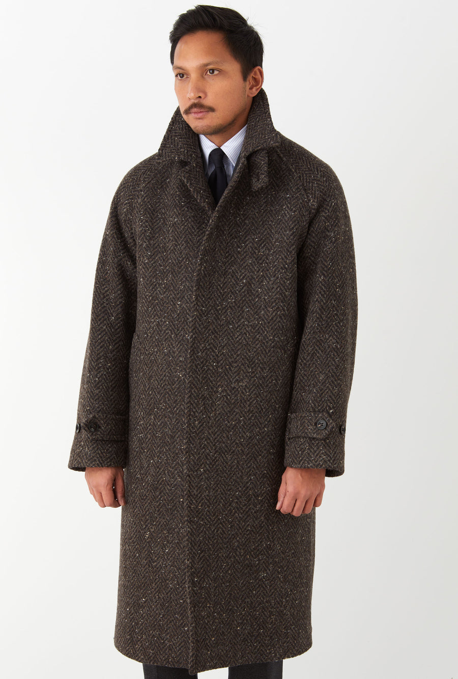 Raglan Sleeve Overcoat Wool Brown Herringbone