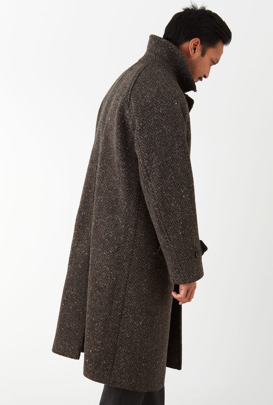 Raglan Sleeve Overcoat Wool Brown Herringbone