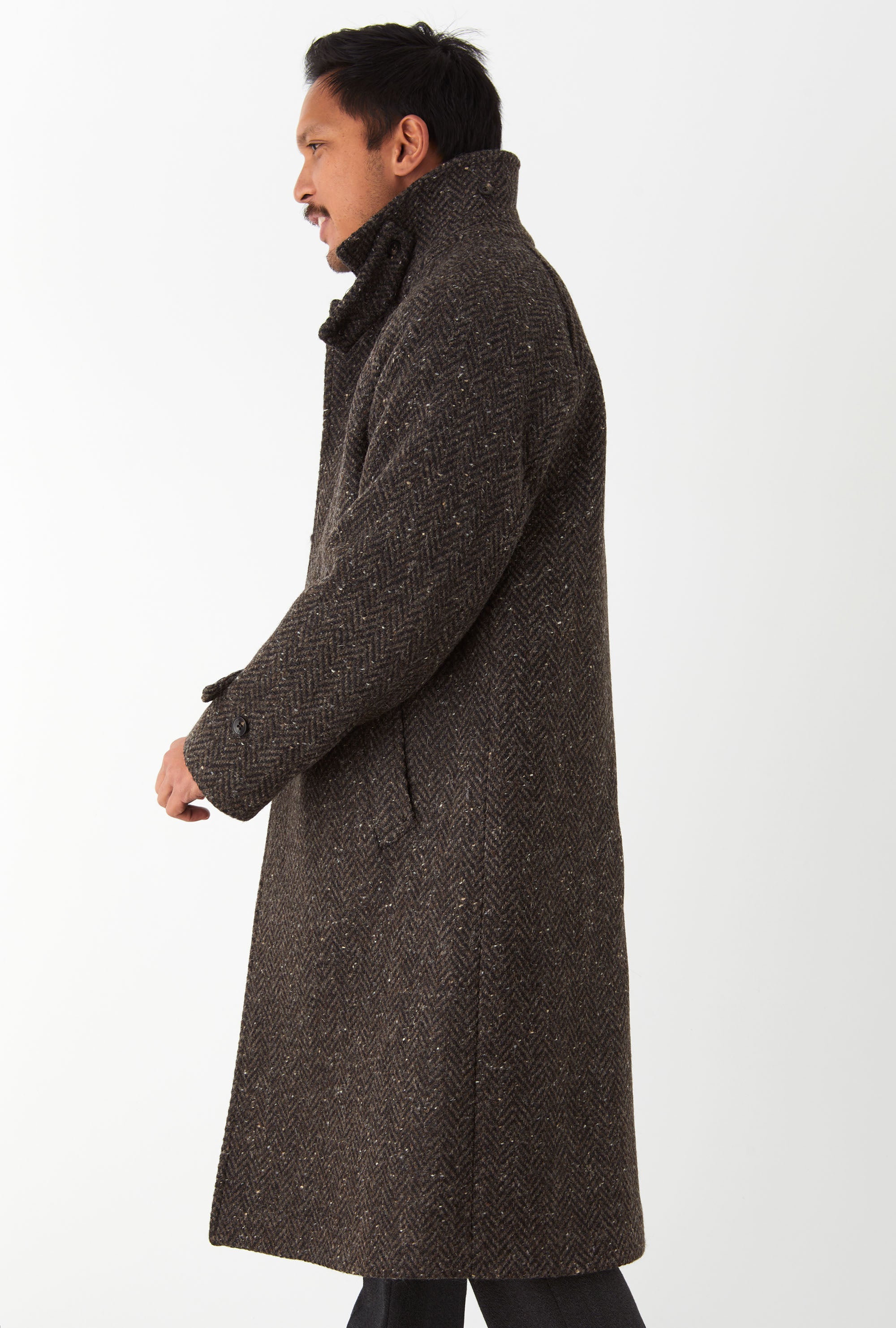 Raglan Sleeve Overcoat Wool Brown Herringbone