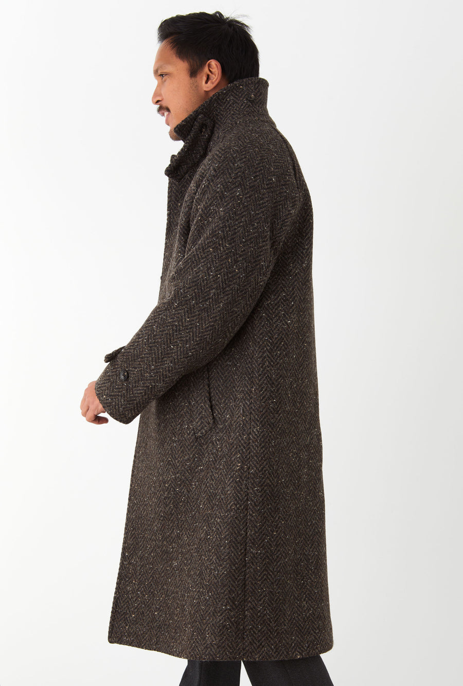Raglan Sleeve Overcoat Wool Brown Herringbone
