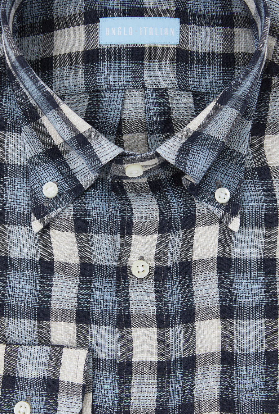 Button Down Linen Madras Shirt Navy Ecru Check